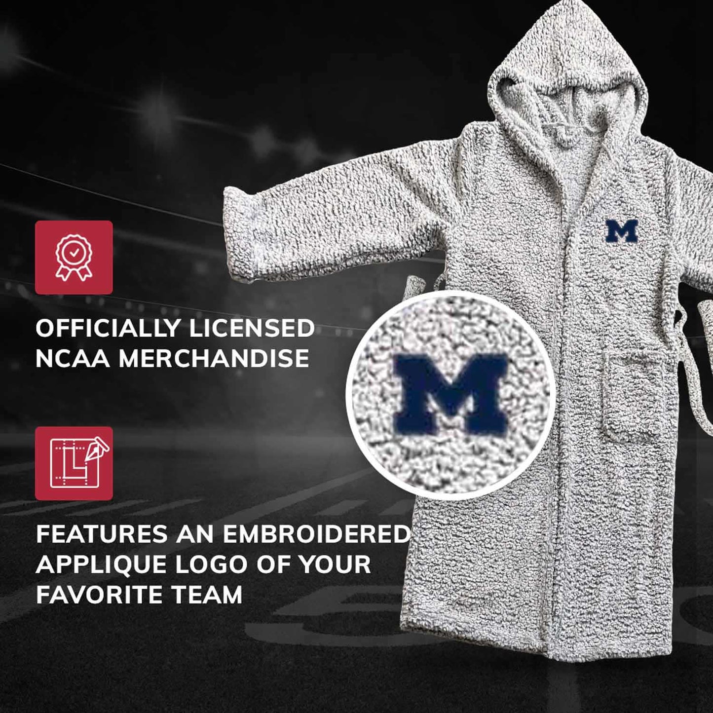 Michigan Wolverines NCAA Adult Plush Hooded Robe with Pockets - Gray