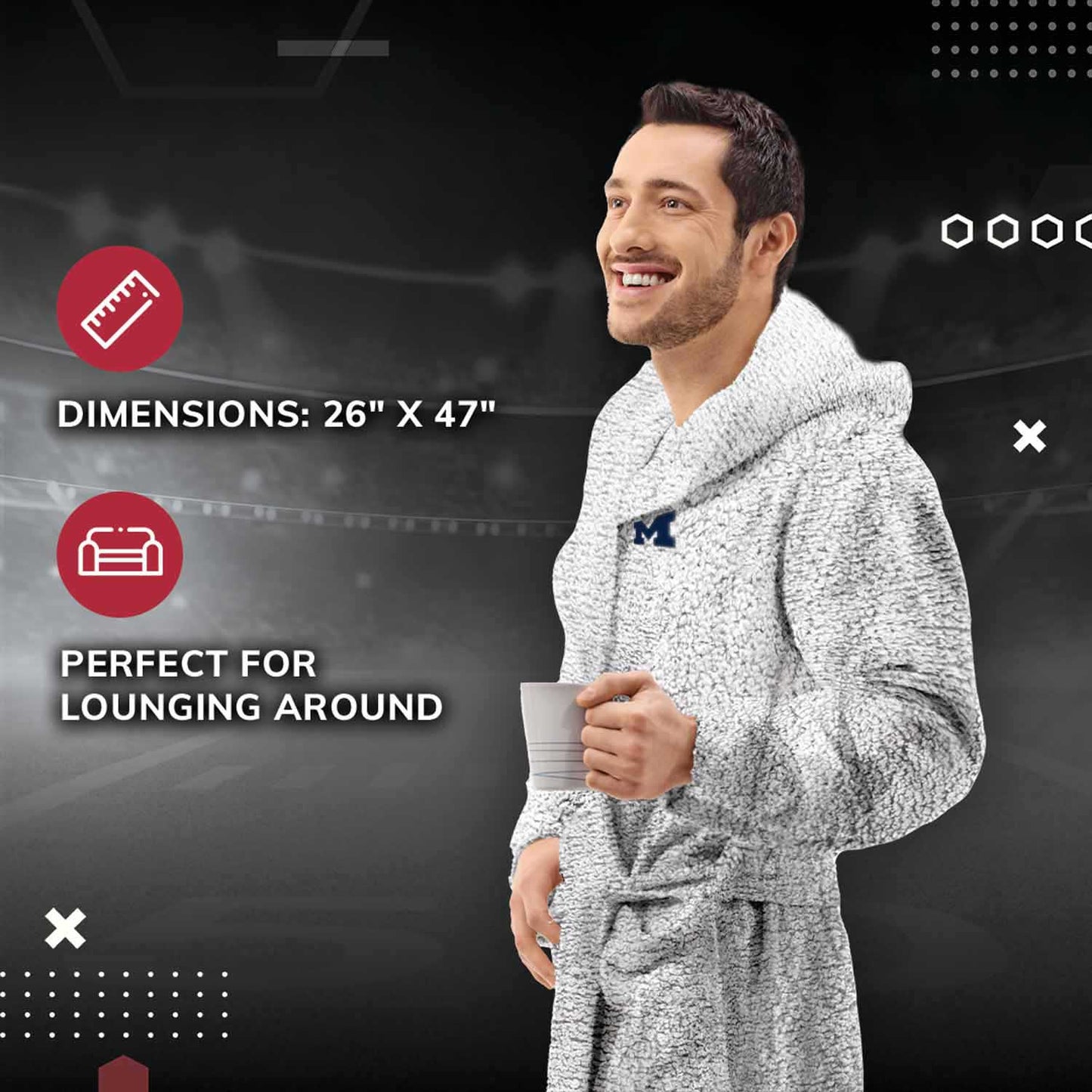 Michigan Wolverines NCAA Adult Plush Hooded Robe with Pockets - Gray