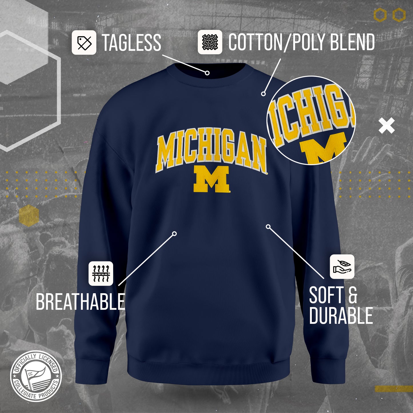 Michigan Wolverines NCAA Adult Tackle Twill Crewneck Sweatshirt - Navy