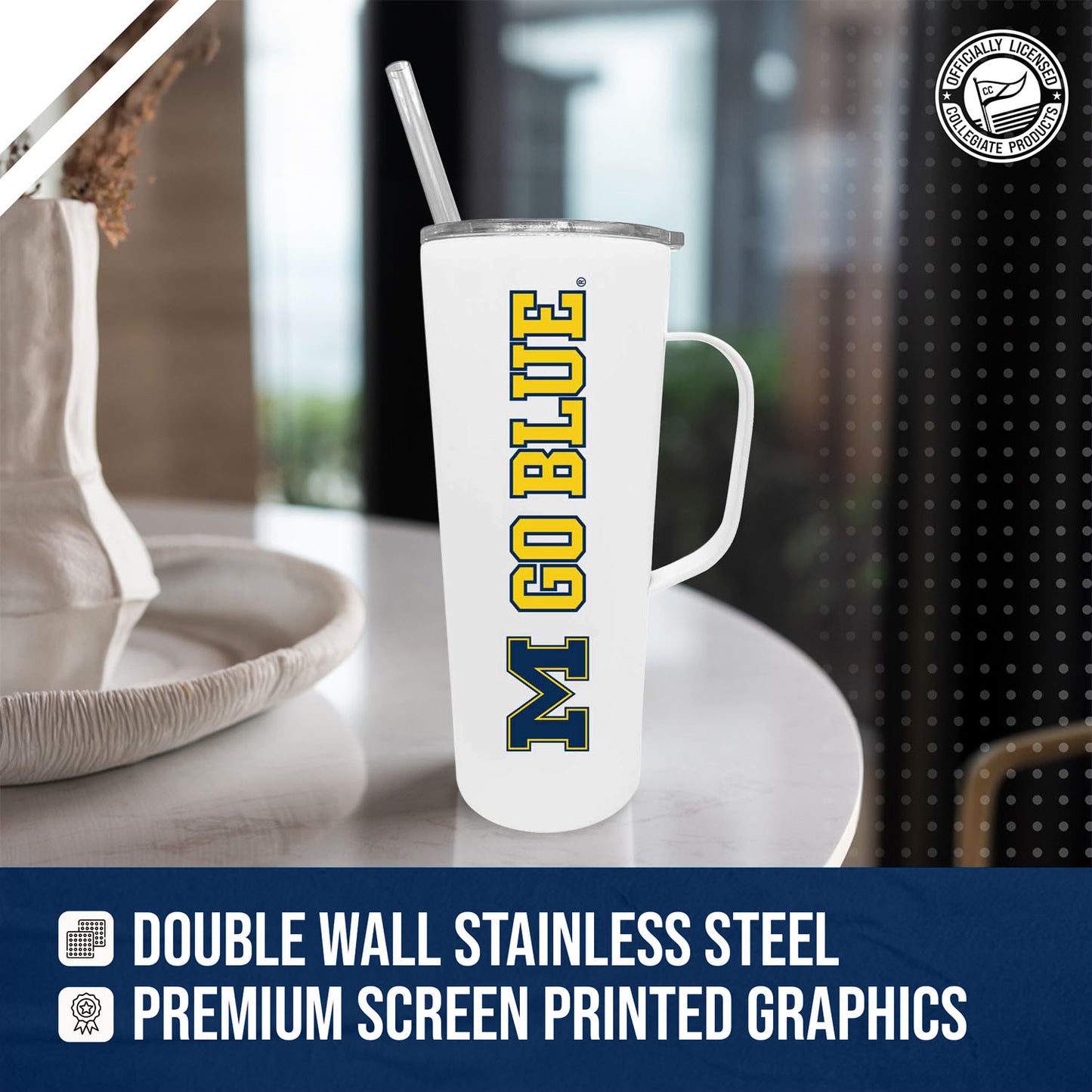 Michigan Wolverines NCAA Stainless Steel 20oz Roadie With Handle & Dual Option Lid With Straw - White