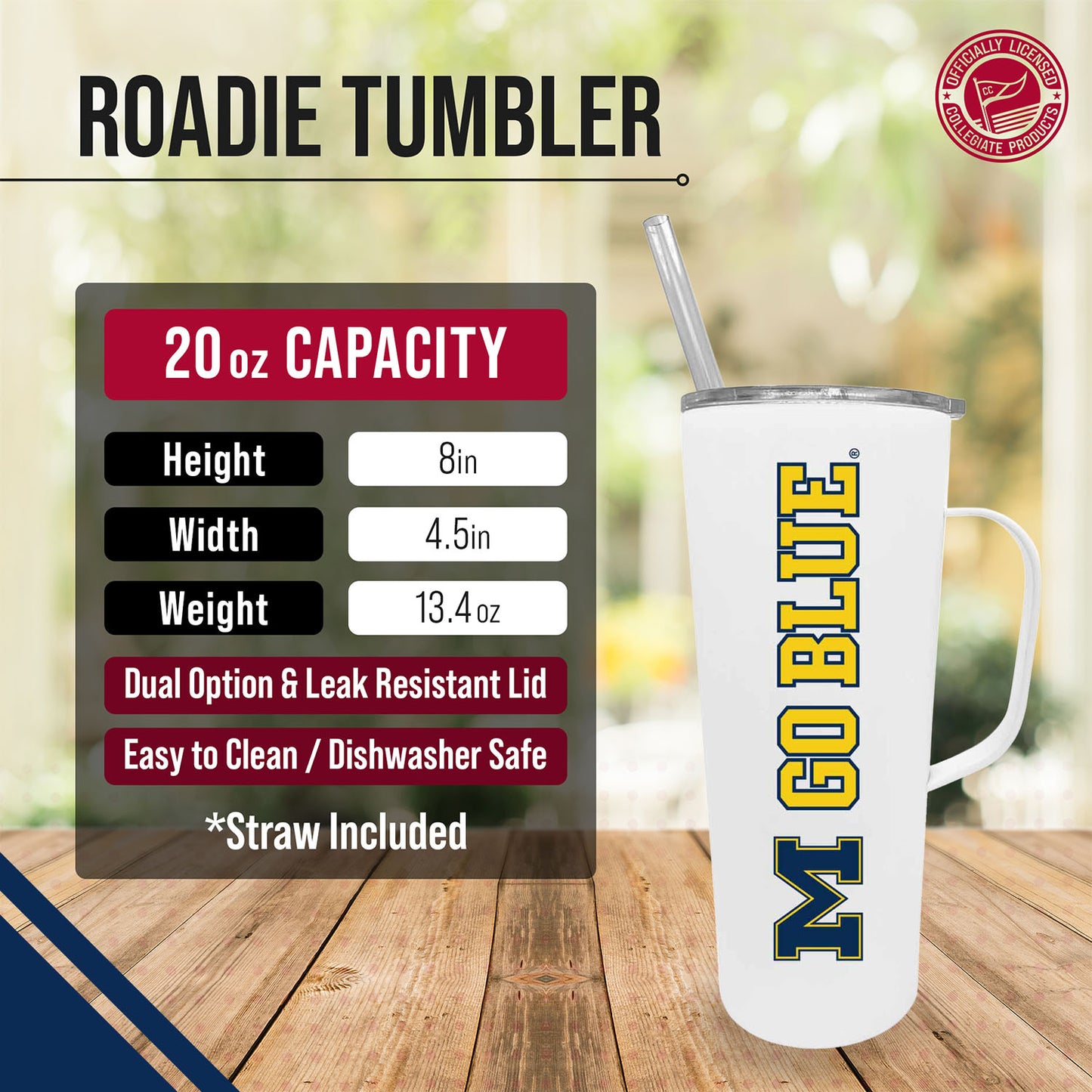 Michigan Wolverines NCAA Stainless Steel 20oz Roadie With Handle & Dual Option Lid With Straw - White