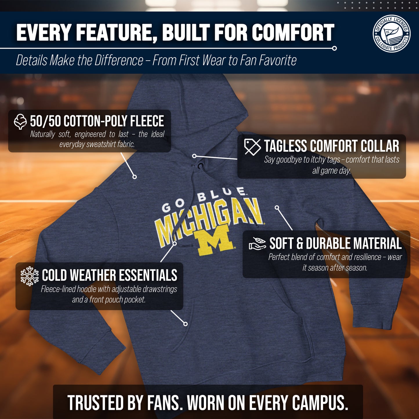 Michigan Wolverines NCAA Adult Unisex Starting Fresh Heathered Hooded Fleece Sweatshirt - Navy Heather