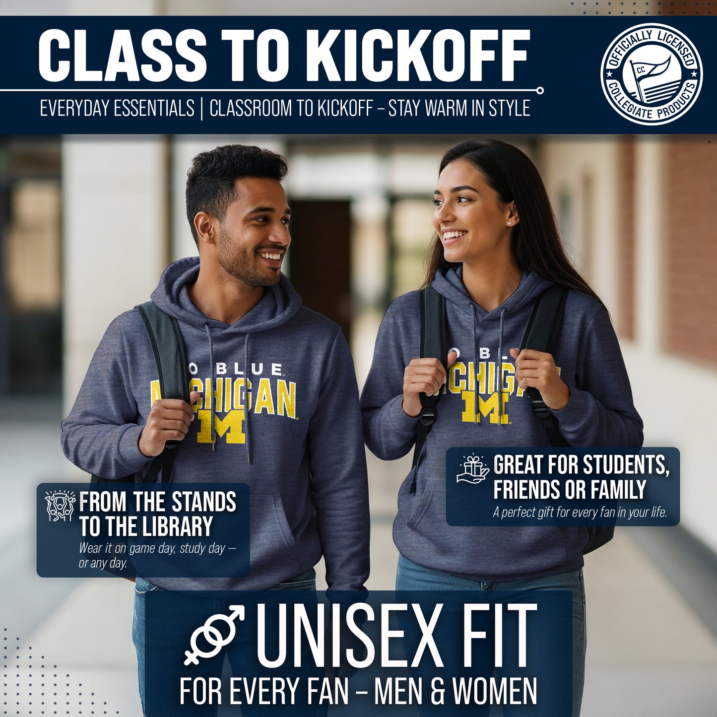 Michigan Wolverines NCAA Adult Unisex Starting Fresh Heathered Hooded Fleece Sweatshirt - Navy Heather