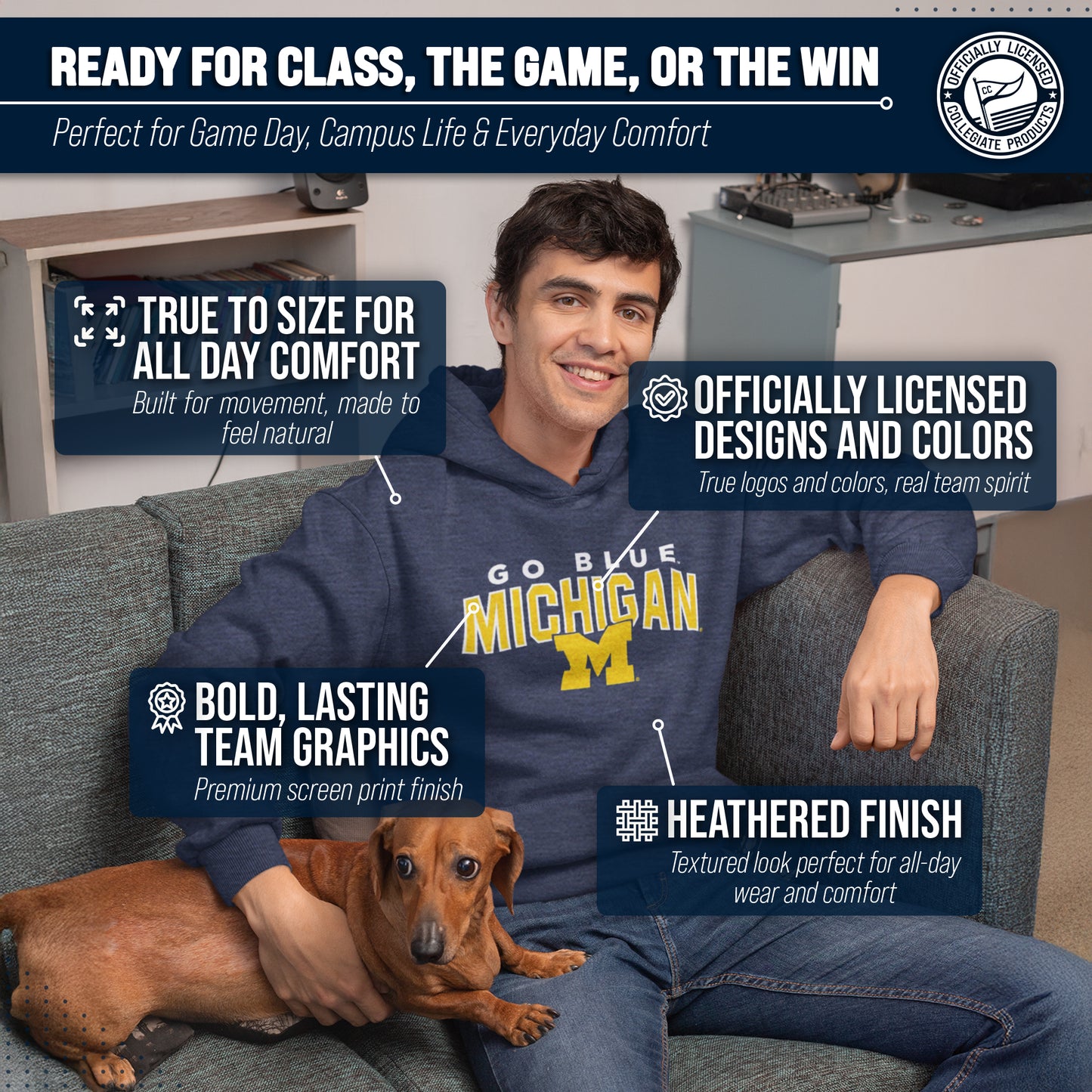 Michigan Wolverines NCAA Adult Unisex Starting Fresh Heathered Hooded Fleece Sweatshirt - Navy Heather