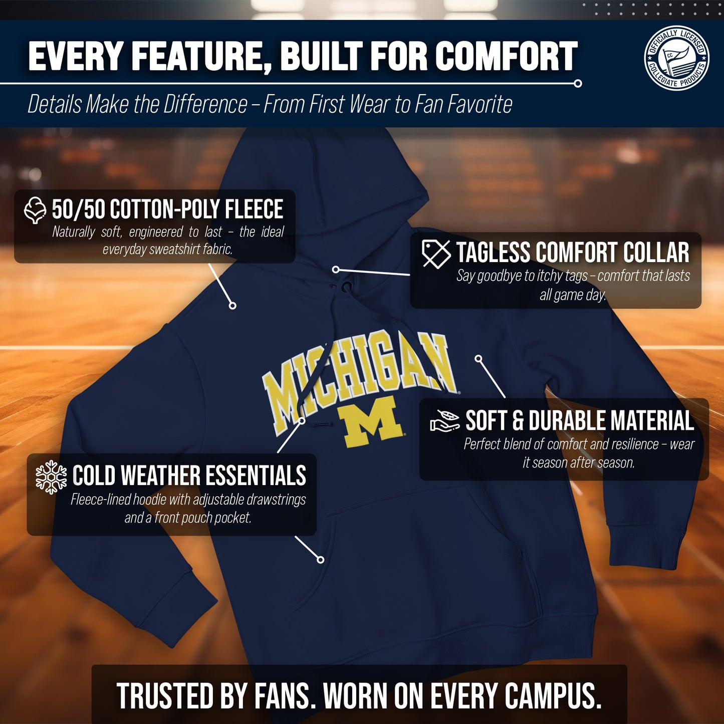 Michigan Wolverines NCAA Adult Tackle Twill Hooded Sweatshirt - Navy