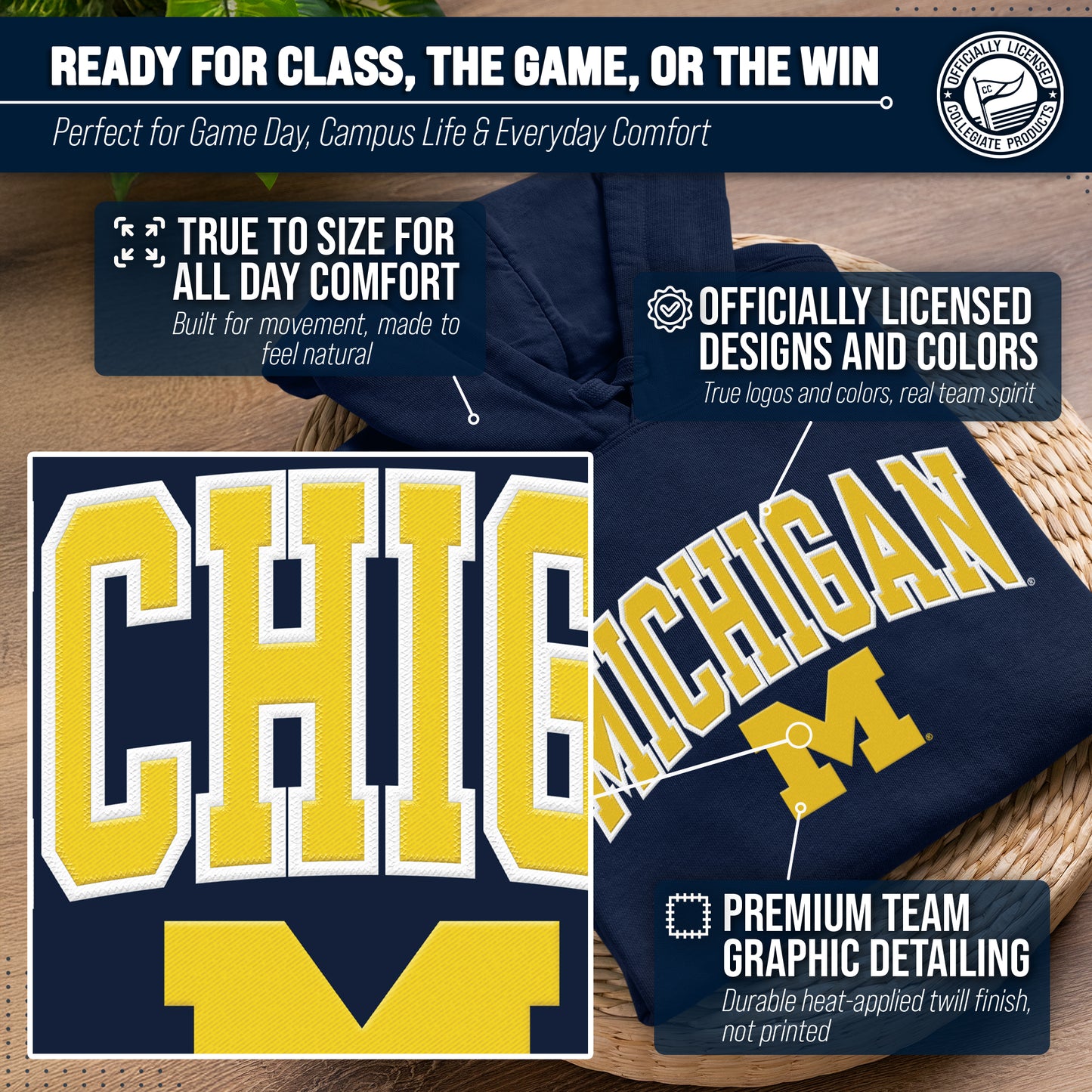 Michigan Wolverines NCAA Adult Tackle Twill Hooded Sweatshirt - Navy