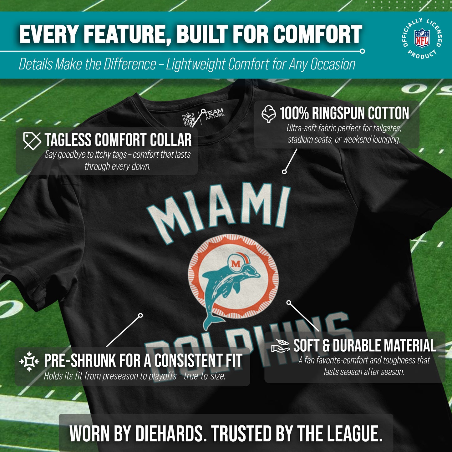 Miami Dolphins NFL Adult Retro Gameday Unisex T-Shirt - Black