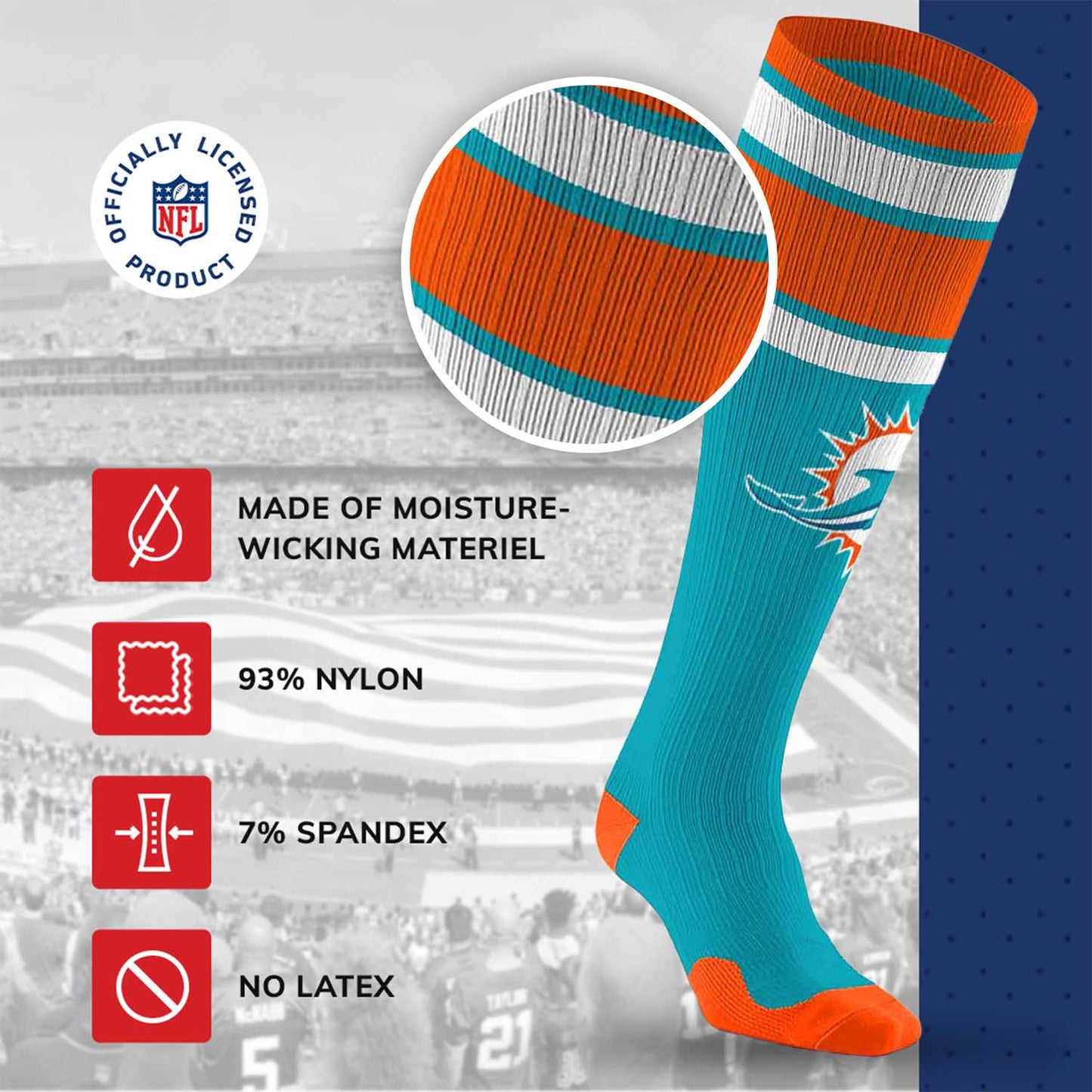 Miami Dolphins NFL Adult Knee High-Performance Socks - Aqua