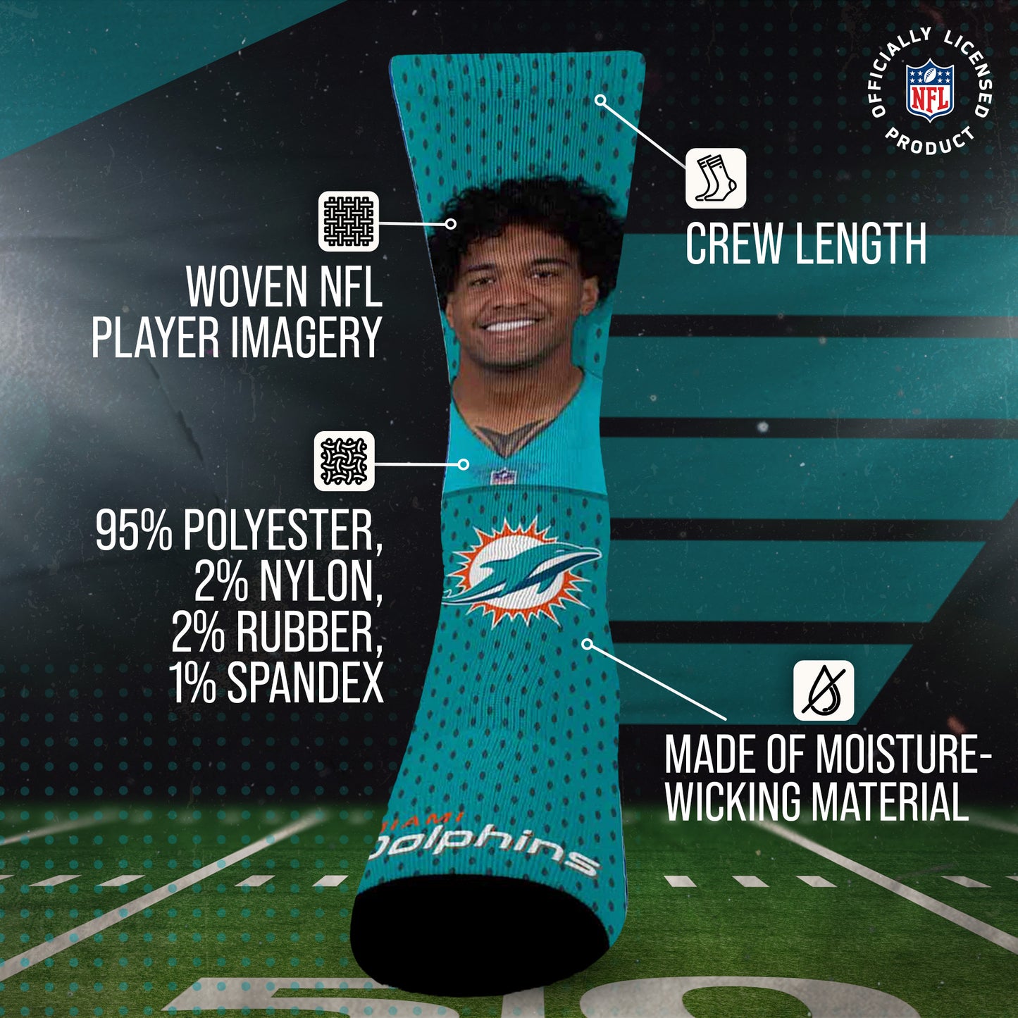 Miami Dolphins NFL Youth Roster Player Crew Socks - Aqua