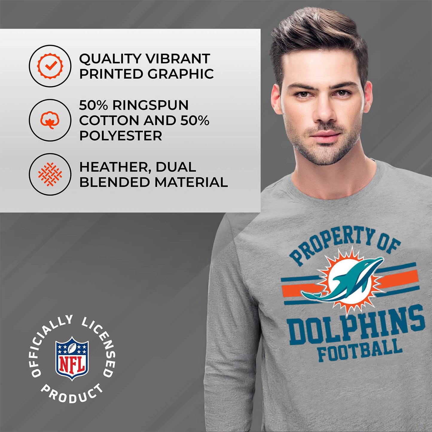 Miami Dolphins NFL Adult Property Of Long SleeveT Shirt - Sport Gray