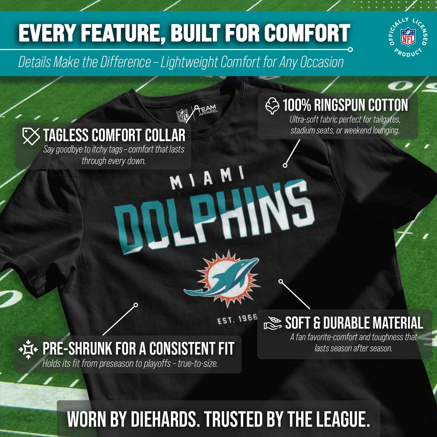 Miami Dolphins Adult NFL Diagonal Fade Color Block T-Shirt - Black