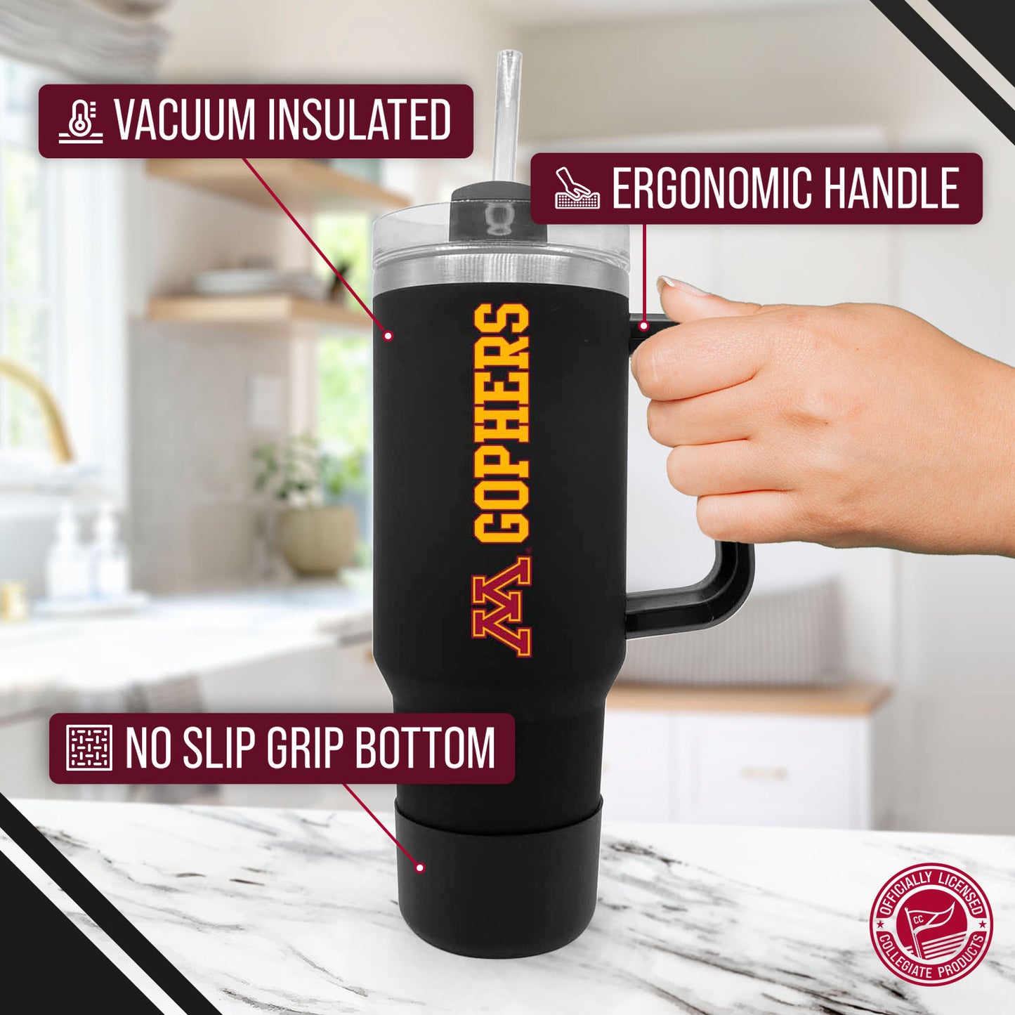 Minnesota Golden Gophers College & University 40 oz Travel Tumbler With Handle - Black