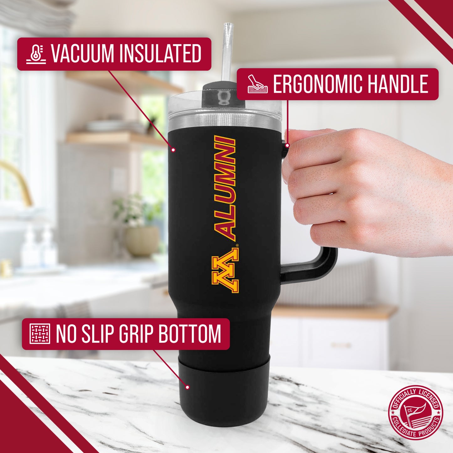 Minnesota Golden Gophers Collegiate 40oz Stainless Steel Travel Tumbler with Handle for Alumni - Black