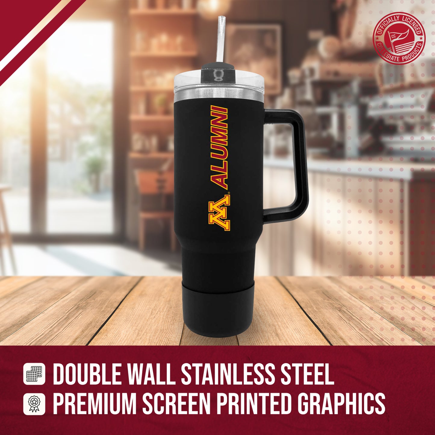 Minnesota Golden Gophers Collegiate 40oz Stainless Steel Travel Tumbler with Handle for Alumni - Black
