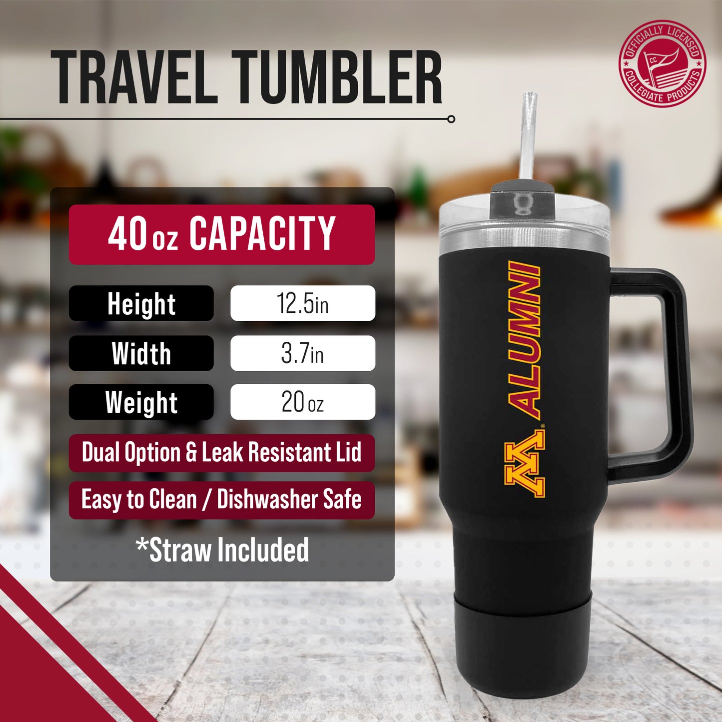 Minnesota Golden Gophers Collegiate 40oz Stainless Steel Travel Tumbler with Handle for Alumni - Black