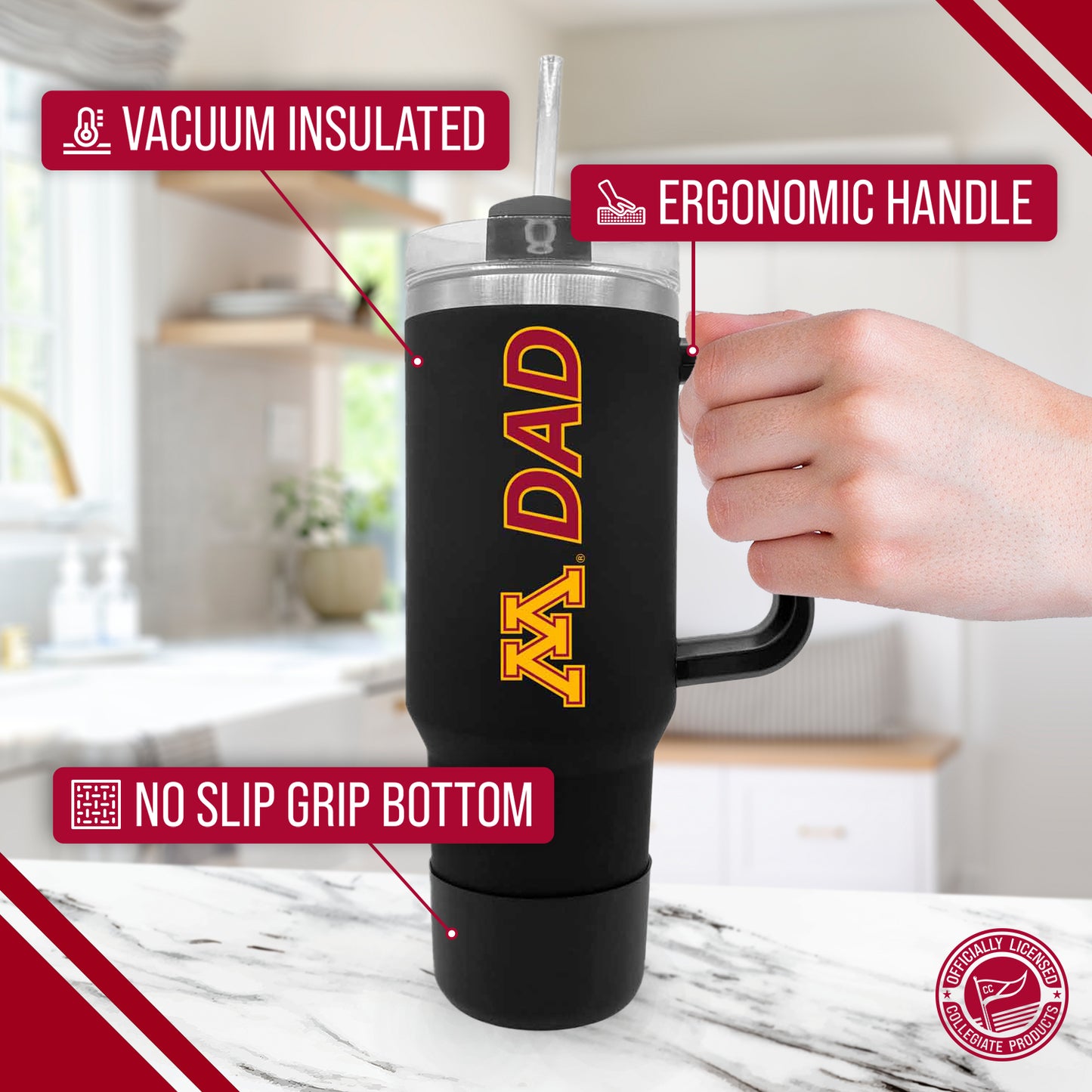 Minnesota Golden Gophers Collegiate 40oz Stainless Steel Travel Tumbler with Handle for Dad - Black