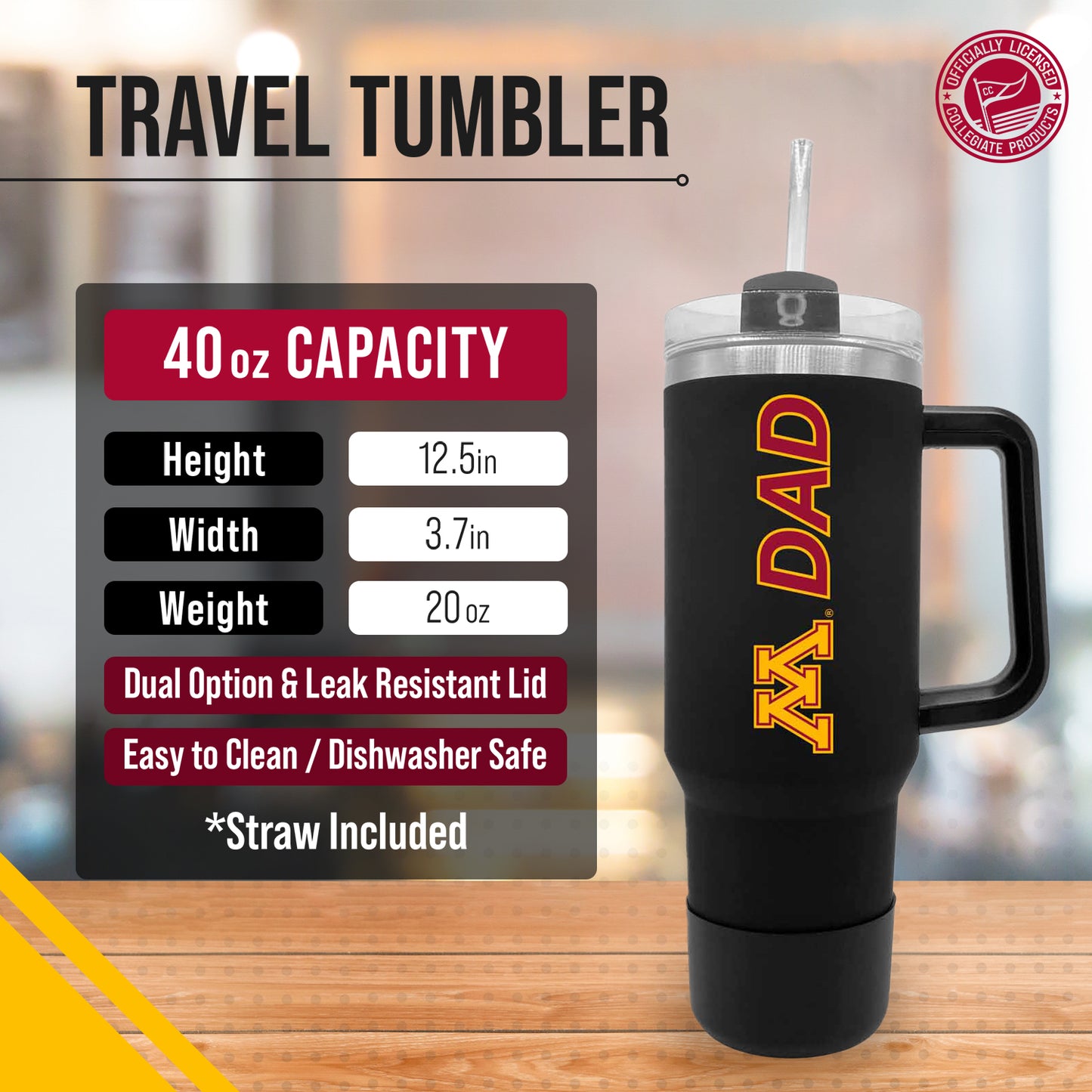 Minnesota Golden Gophers Collegiate 40oz Stainless Steel Travel Tumbler with Handle for Dad - Black