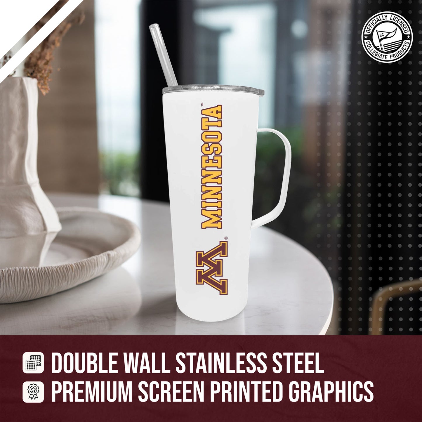 Minnesota Golden Gophers NCAA Stainless Steel 20oz Roadie With Handle & Dual Option Lid With Straw - White