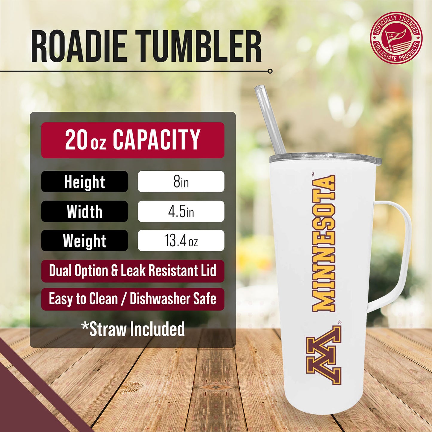 Minnesota Golden Gophers NCAA Stainless Steel 20oz Roadie With Handle & Dual Option Lid With Straw - White