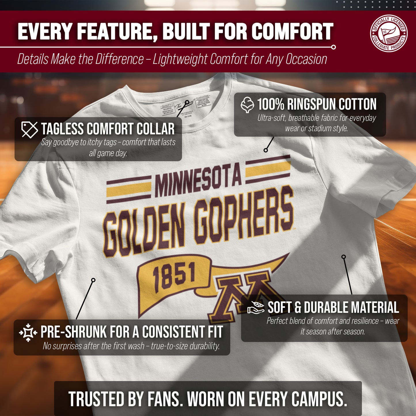 Minnesota Golden Gophers NCAA Adult Unisex Varsity Club Pennant T-Shirt Tag-Less - Off White
