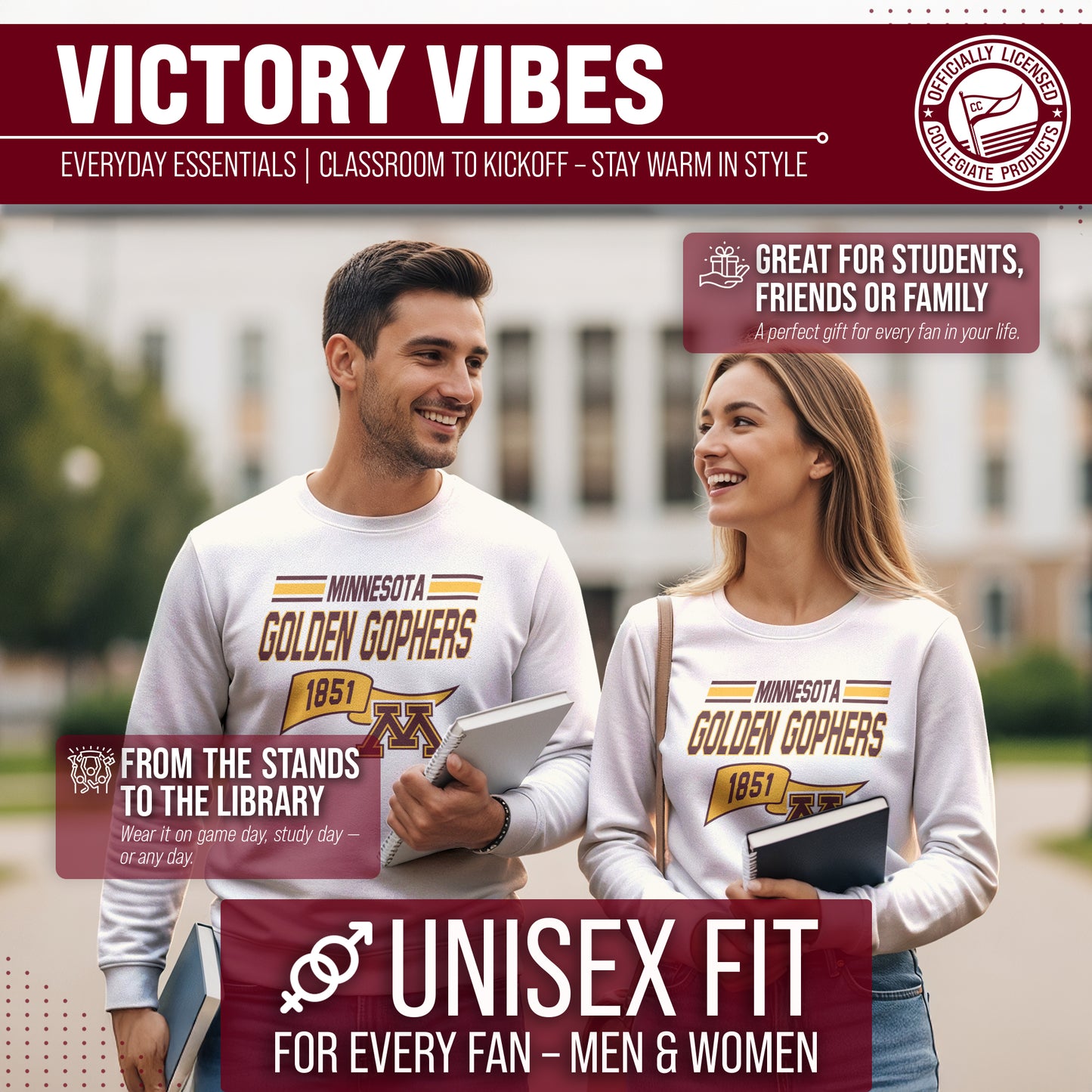 Minnesota Golden Gophers NCAA Adult Unisex Varsity Club Pennant Crewneck Fleece Sweatshirt - Off White