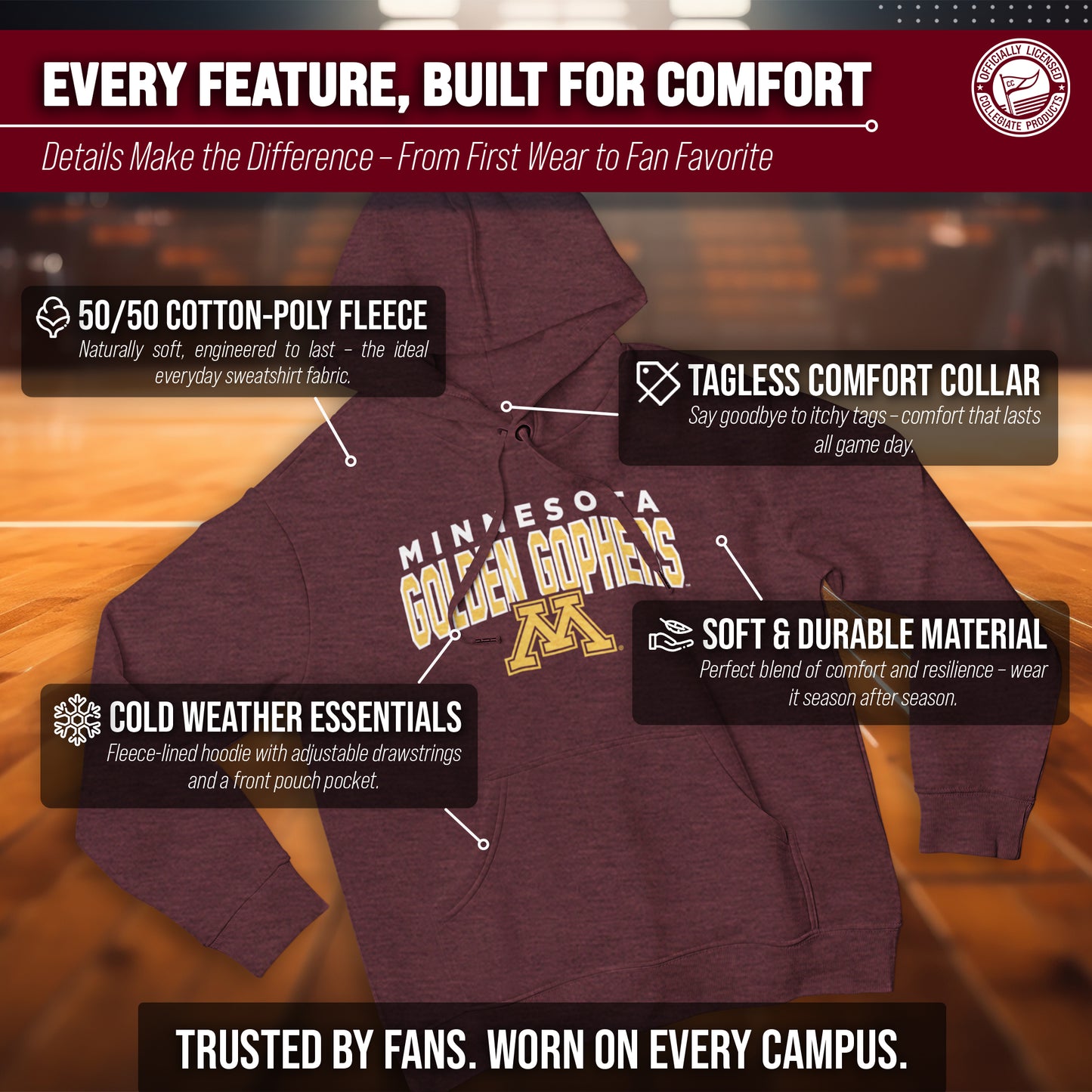 Minnesota Golden Gophers NCAA Adult Unisex Starting Fresh Heathered Hooded Fleece Sweatshirt - Maroon Heather