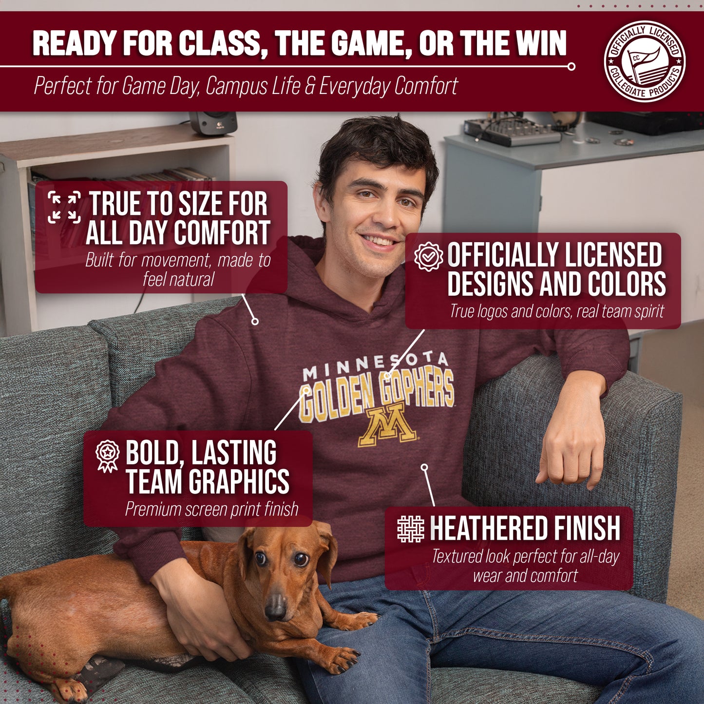 Minnesota Golden Gophers NCAA Adult Unisex Starting Fresh Heathered Hooded Fleece Sweatshirt - Maroon Heather