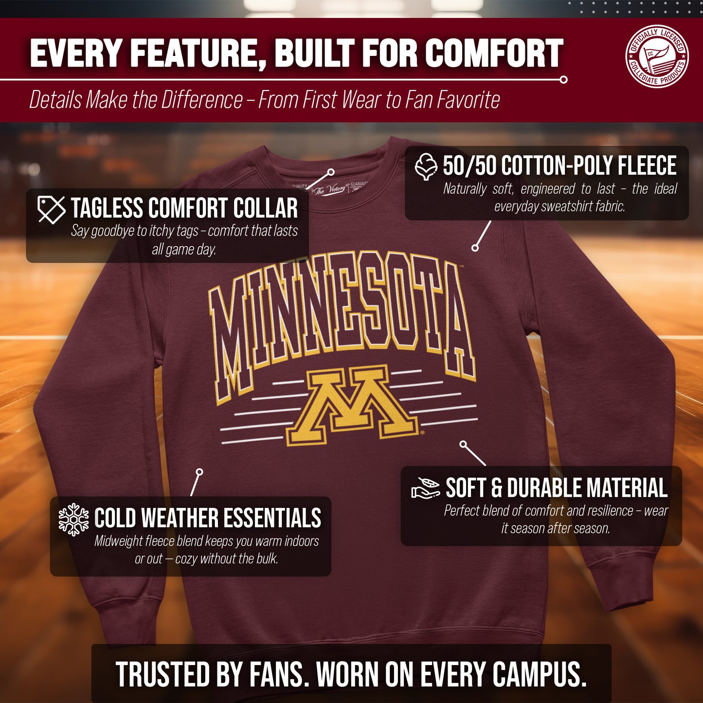 Minnesota Golden Gophers NCAA Adult Unisex Overtime Classics Crewneck Fleece Sweatshirt - Maroon