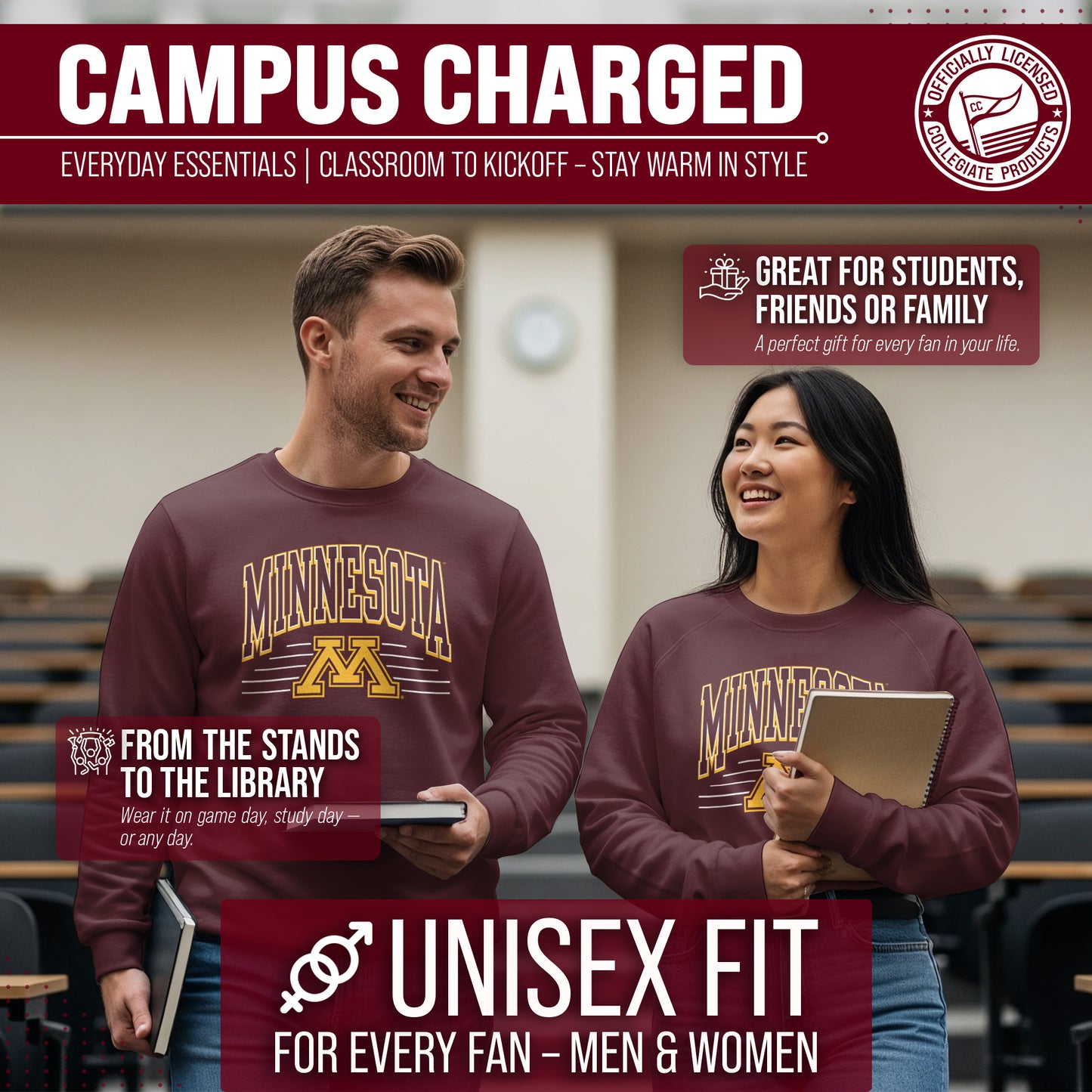Minnesota Golden Gophers NCAA Adult Unisex Overtime Classics Crewneck Fleece Sweatshirt - Maroon