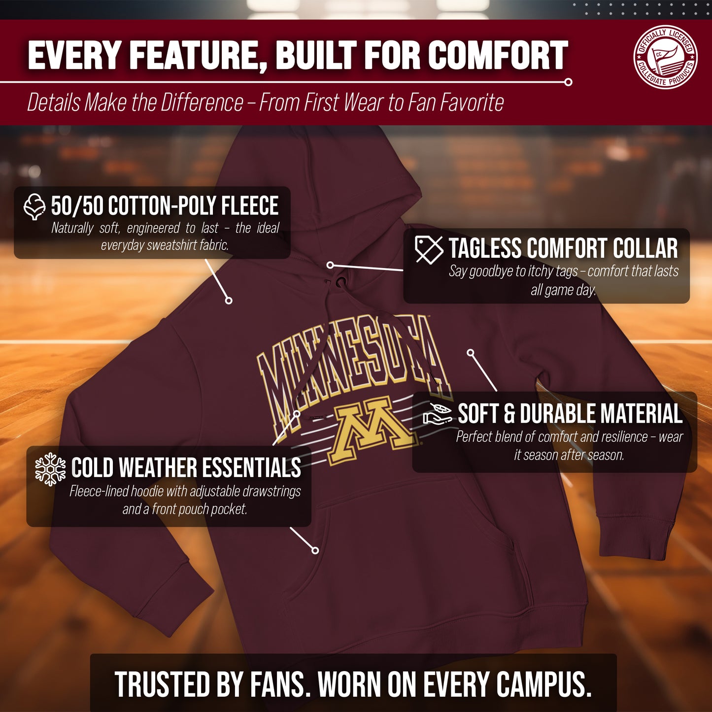 Minnesota Golden Gophers NCAA Adult Unisex Overtime Classics Hooded Fleece Sweatshirt - Maroon