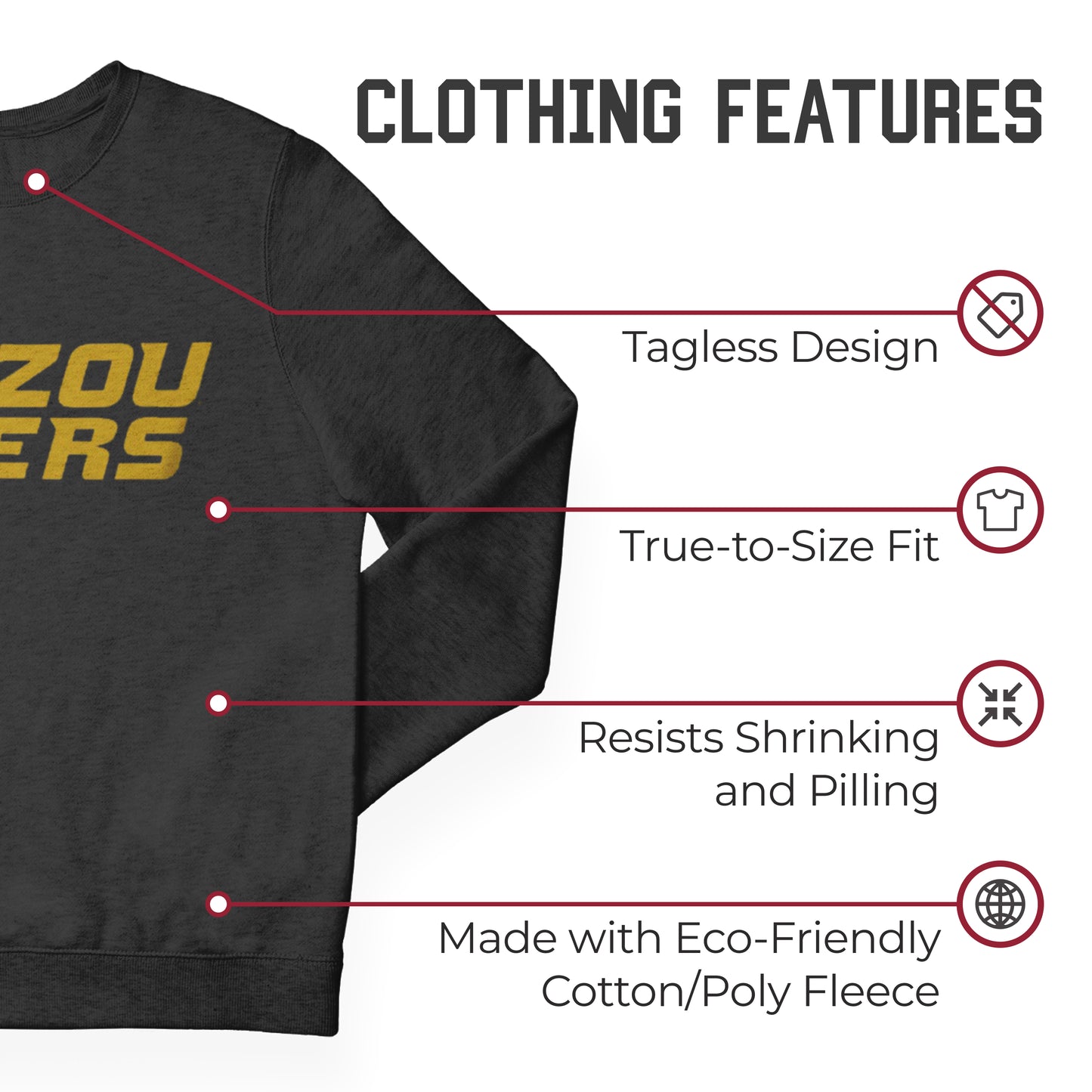 Missouri Tigers NCAA Adult Charcoal Crewneck Fleece Sweatshirt - Charcoal