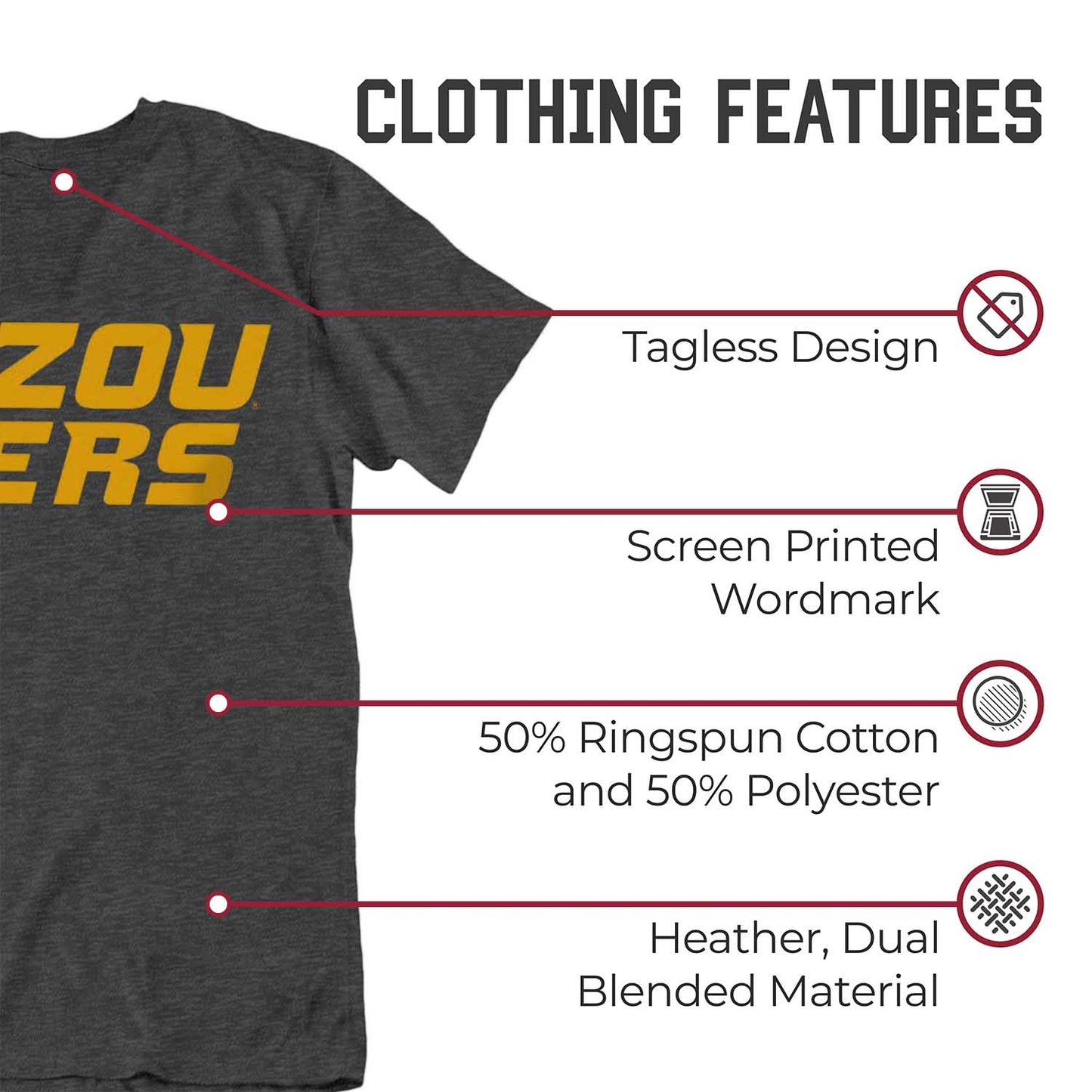Missouri Tigers Campus Colors NCAA Adult Cotton Blend Charcoal Tagless T-Shirt - Charcoal