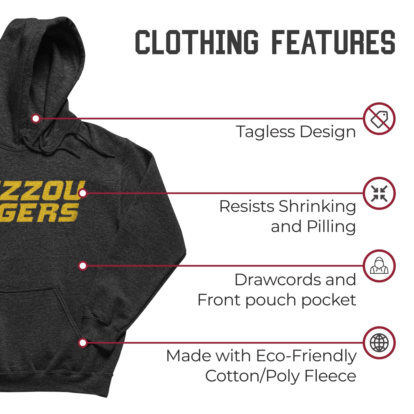 Missouri Tigers NCAA Adult Cotton Blend Charcoal Hooded Sweatshirt - Charcoal