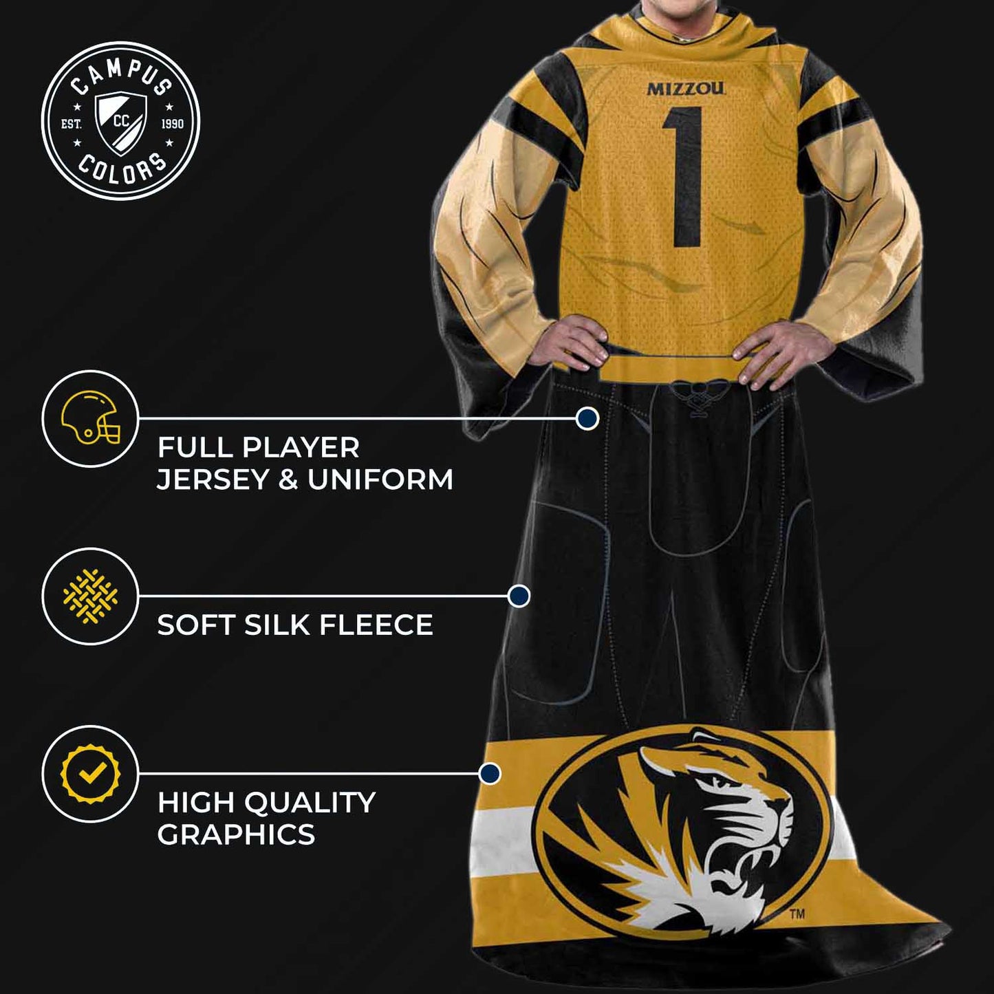Missouri Tigers NCAA Team Wearable Blanket with Sleeves - Black