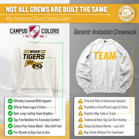 Missouri Tigers NCAA Adult Unisex Varsity Club Pennant Crewneck Fleece Sweatshirt - Off White