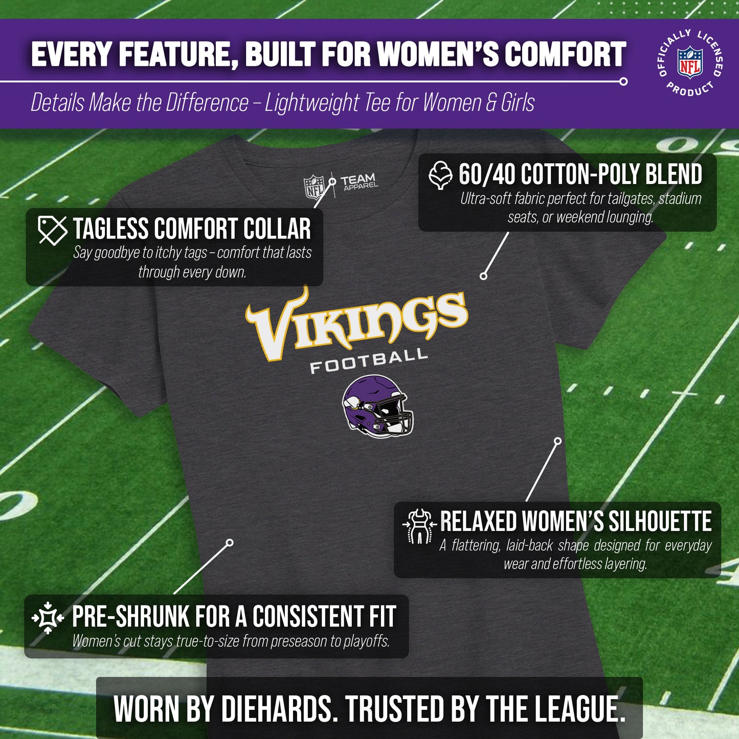 Minnesota Vikings Women's NFL Football Helmet Short Sleeve Tagless T-Shirt - Charcoal