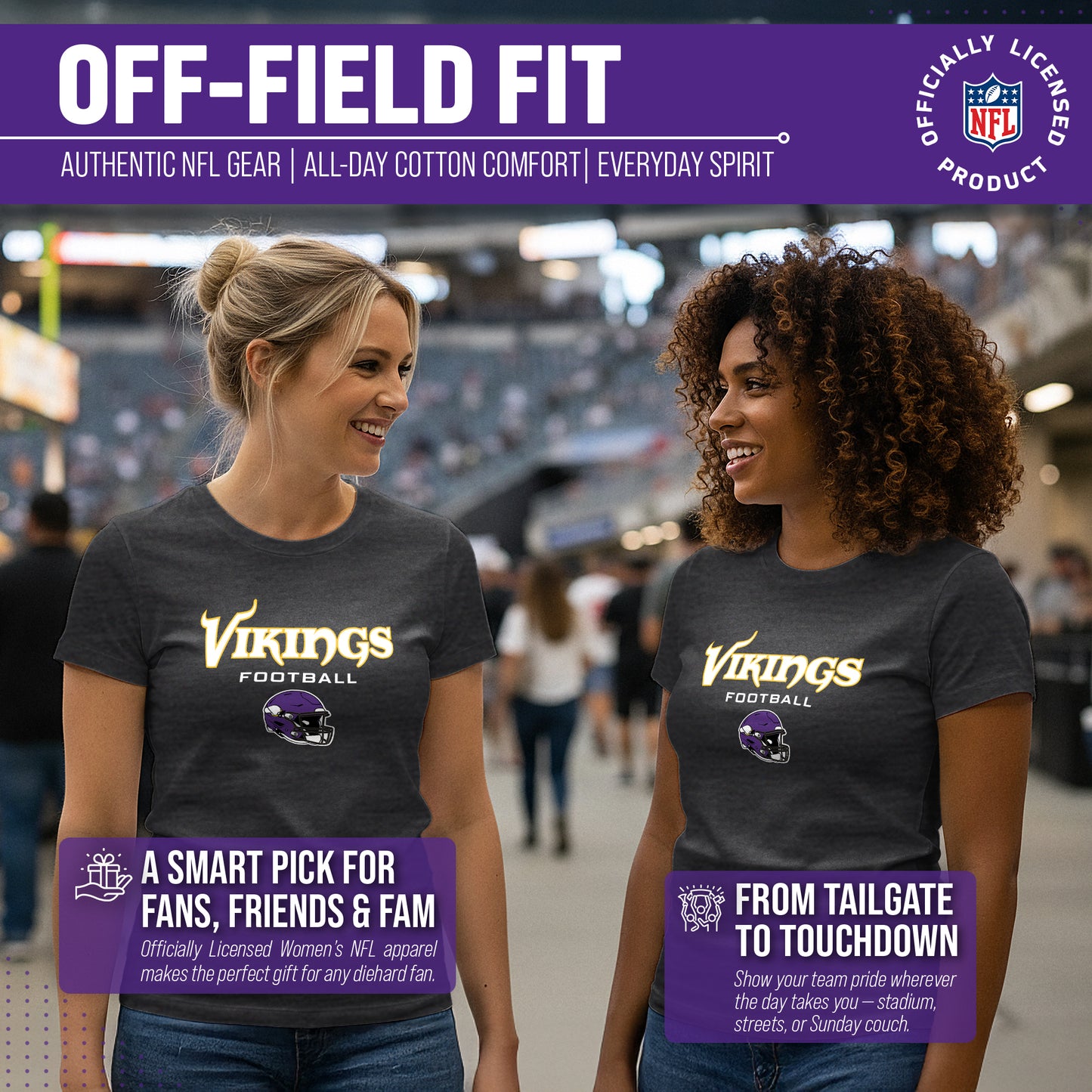 Minnesota Vikings Women's NFL Football Helmet Short Sleeve Tagless T-Shirt - Charcoal
