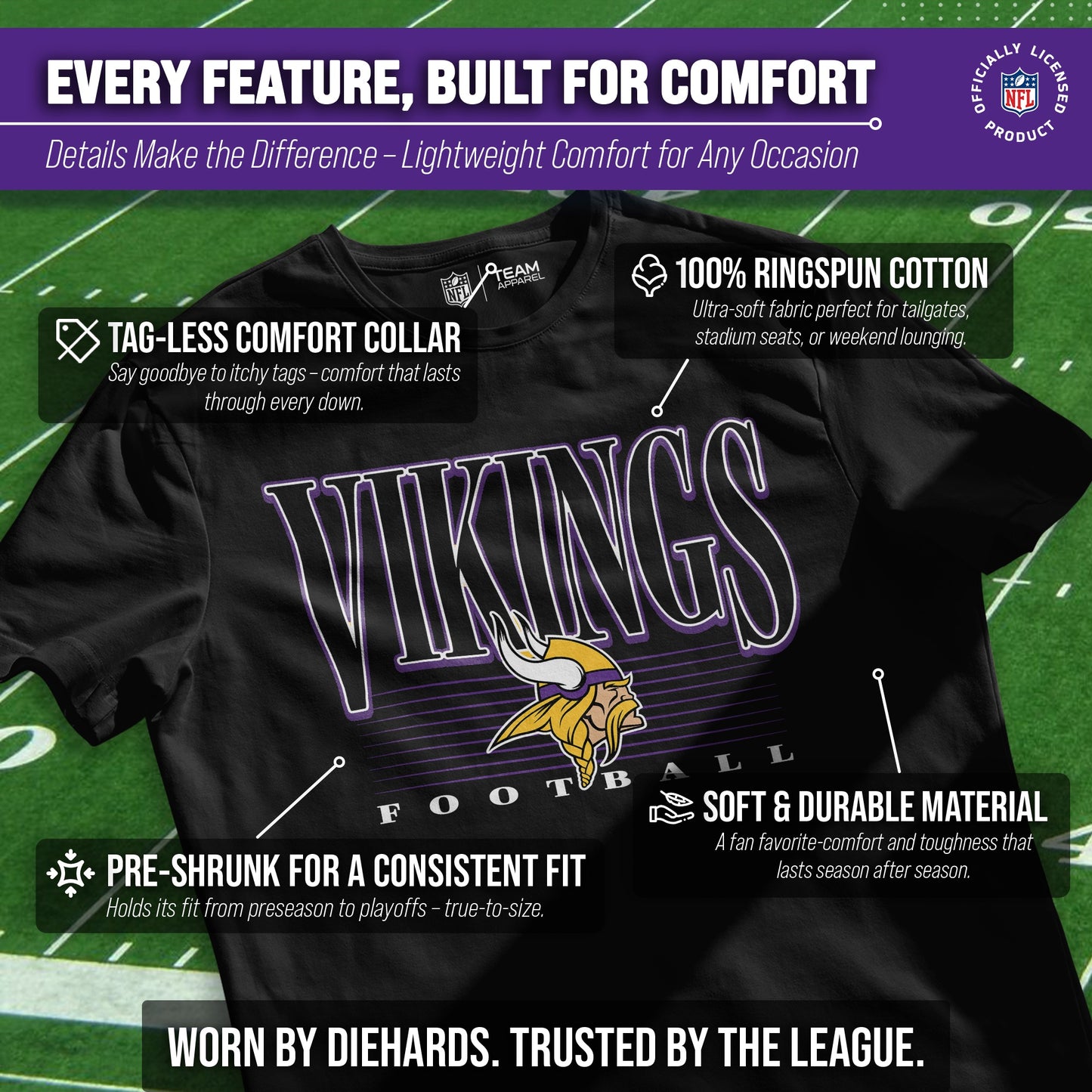 Minnesota Vikings NFL Adult Overtime Blueprint Tag-Less T-Shirt - Black