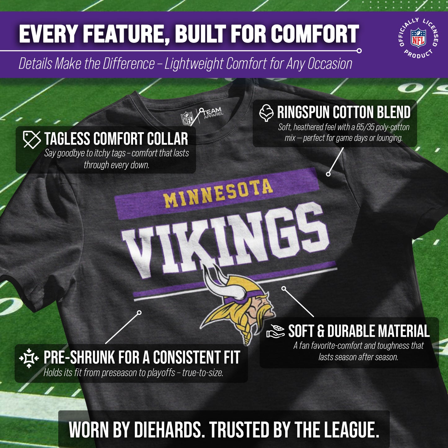 Minnesota Vikings NFL Adult Team Block Tagless T-Shirt - Charcoal