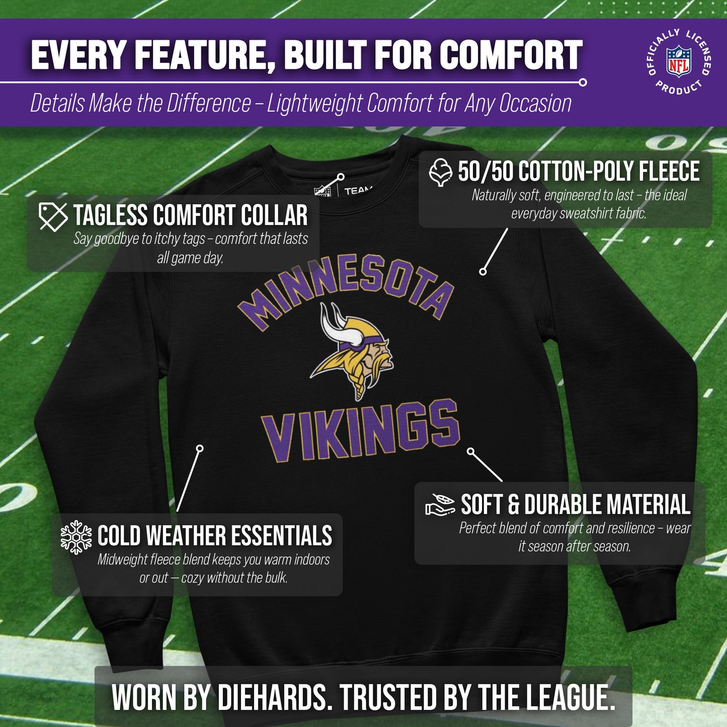 Minnesota Vikings NFL Adult Gameday Football Crewneck Sweatshirt - Black