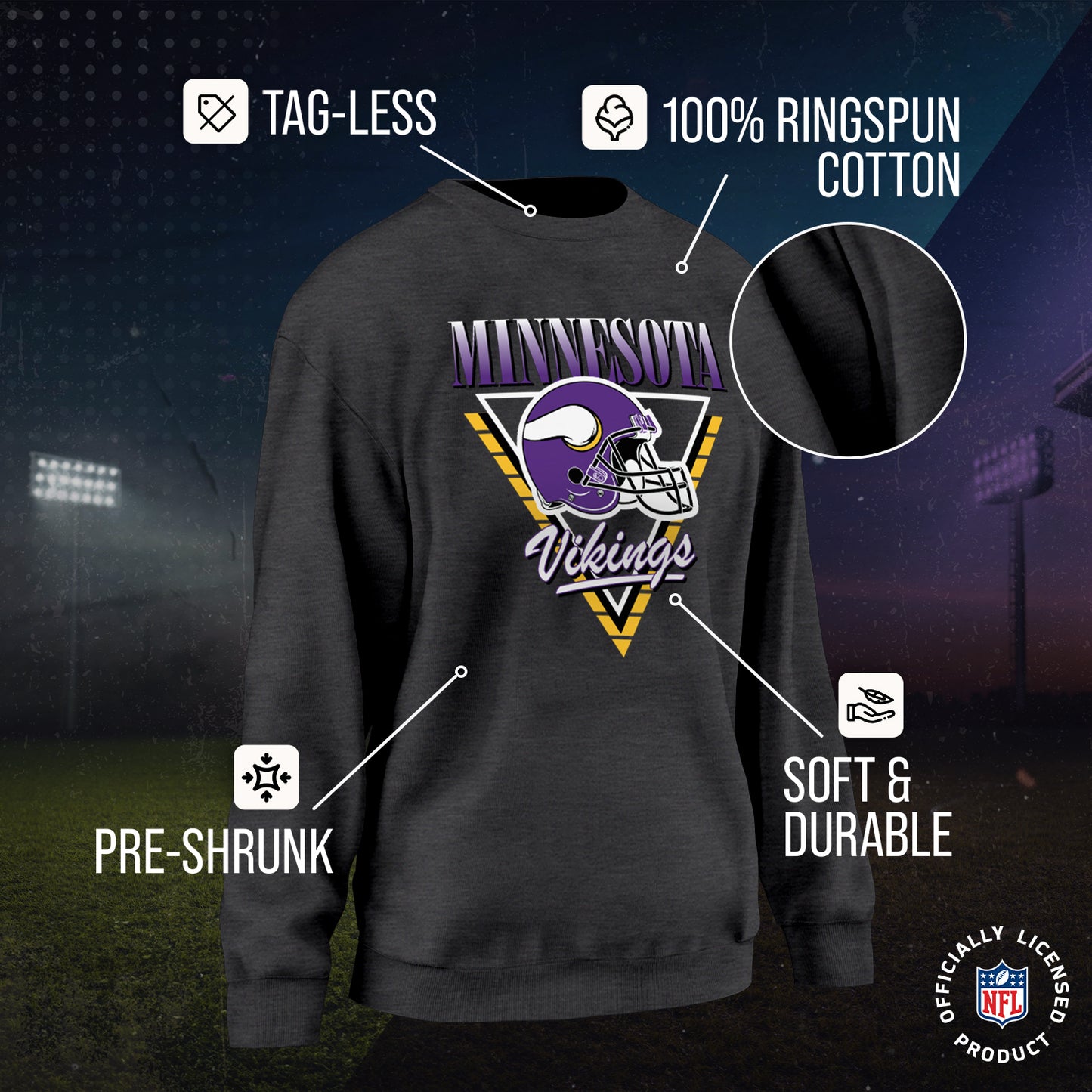 Minnesota Vikings NFL Womens Retro Triangle Slouchy Crewneck - Heather Charcoal
