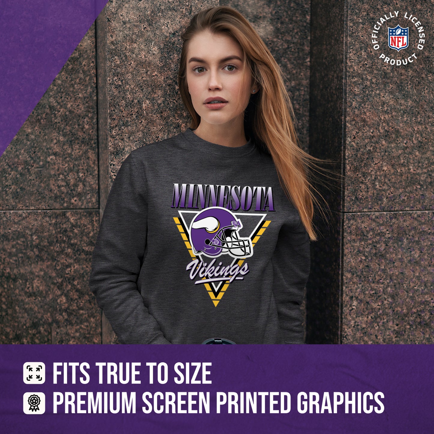 Minnesota Vikings NFL Womens Retro Triangle Slouchy Crewneck - Heather Charcoal