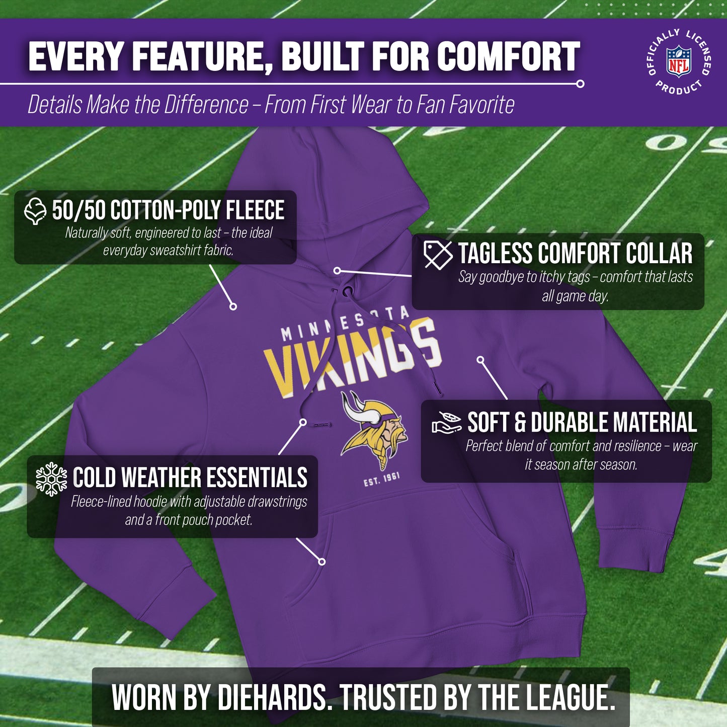 Minnesota Vikings Adult NFL Diagonal Fade Fleece Hooded Sweatshirt - Purple