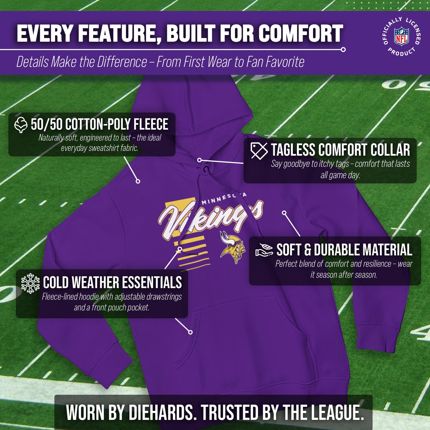 Minnesota Vikings NFL Adult Unisex Retro Script Ultra Soft Fleece Hooded Sweatshirt - Purple