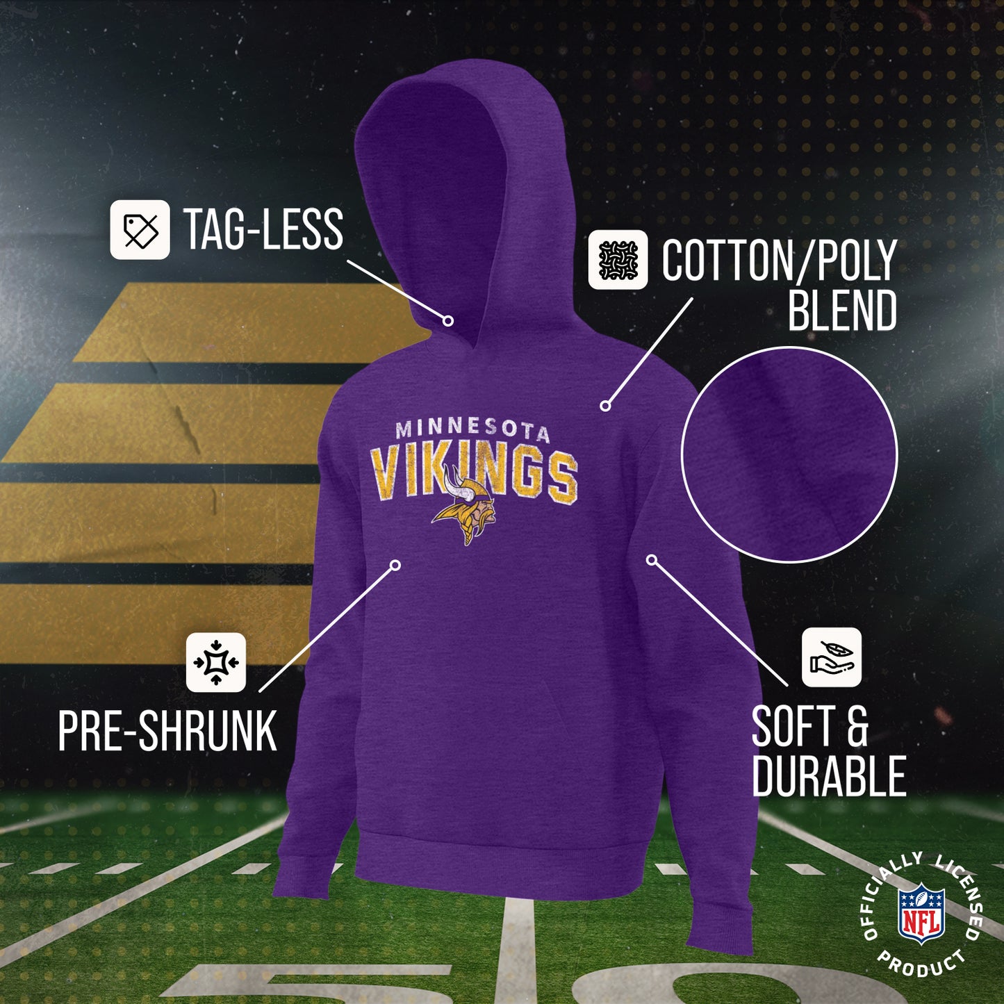 Minnesota Vikings NFL Youth Starting Fresh Hoodie- Pro Football Sweatshirt for Boys and Girls - Purple