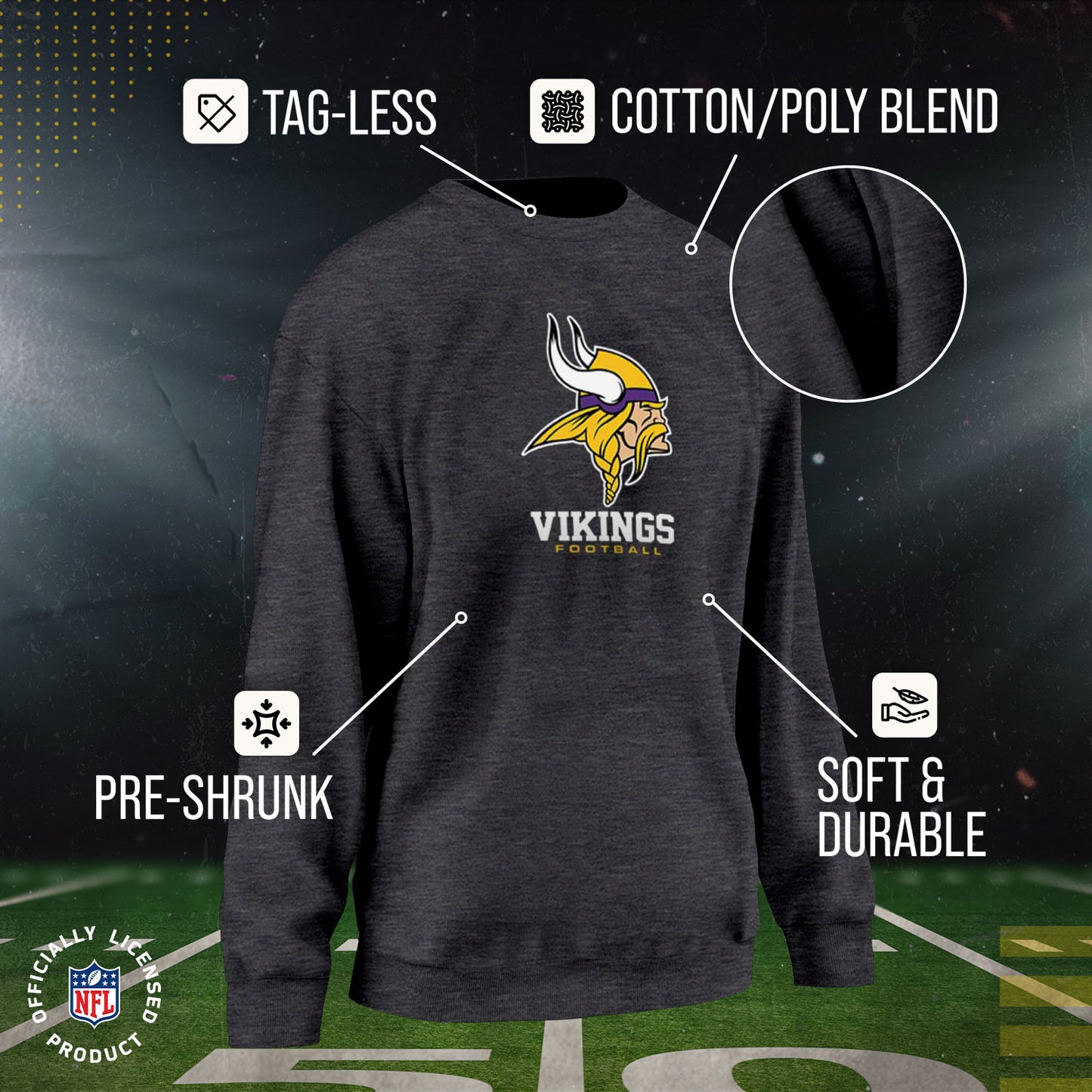 Minnesota Vikings Women's NFL Ultimate Fan Logo Slouchy Crewneck -Tagless Fleece Lightweight Pullover - Charcoal