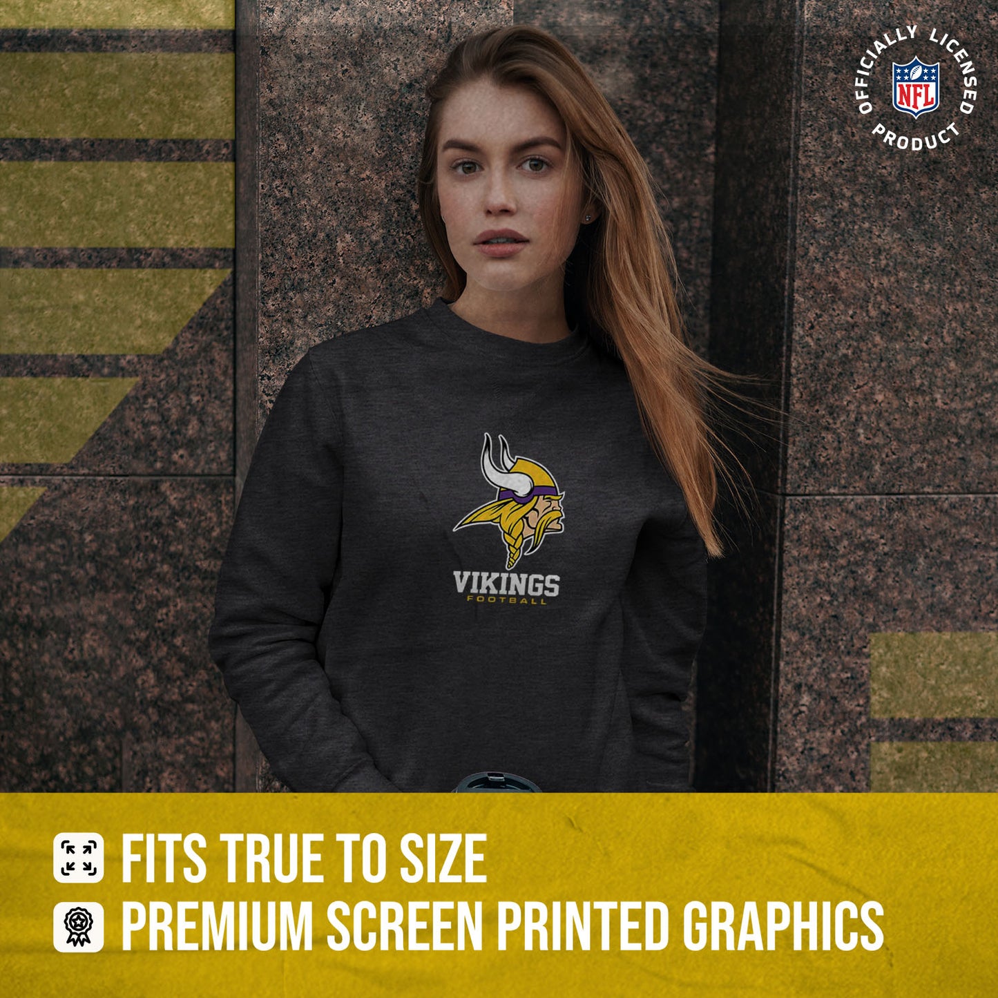 Minnesota Vikings Women's NFL Ultimate Fan Logo Slouchy Crewneck -Tagless Fleece Lightweight Pullover - Charcoal