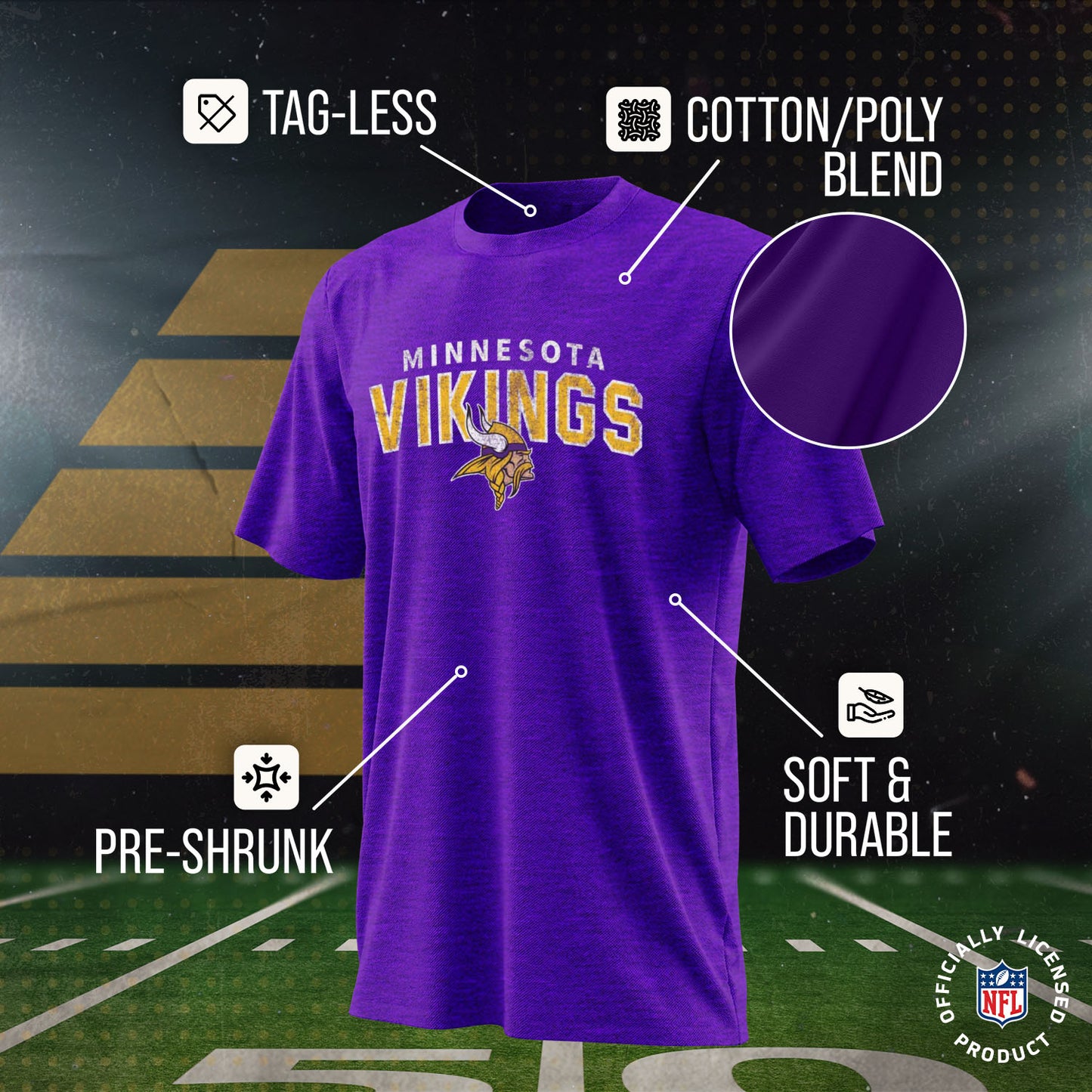 Minnesota Vikings NFL Youth Starting Fresh Tee- Pro Football Tag-Less T-Shirt For Boys & Girls - Purple