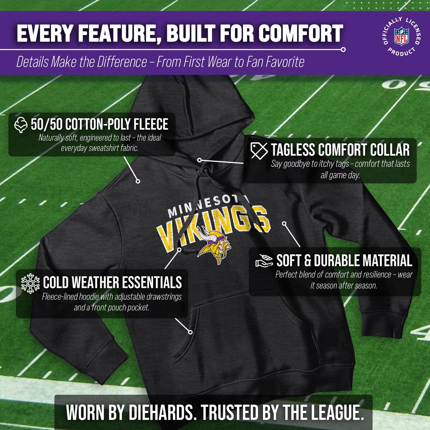 Minnesota Vikings NFL Adult Unisex Starting Fresh Ultra Soft Fleece Hooded Sweatshirt - Black Heather