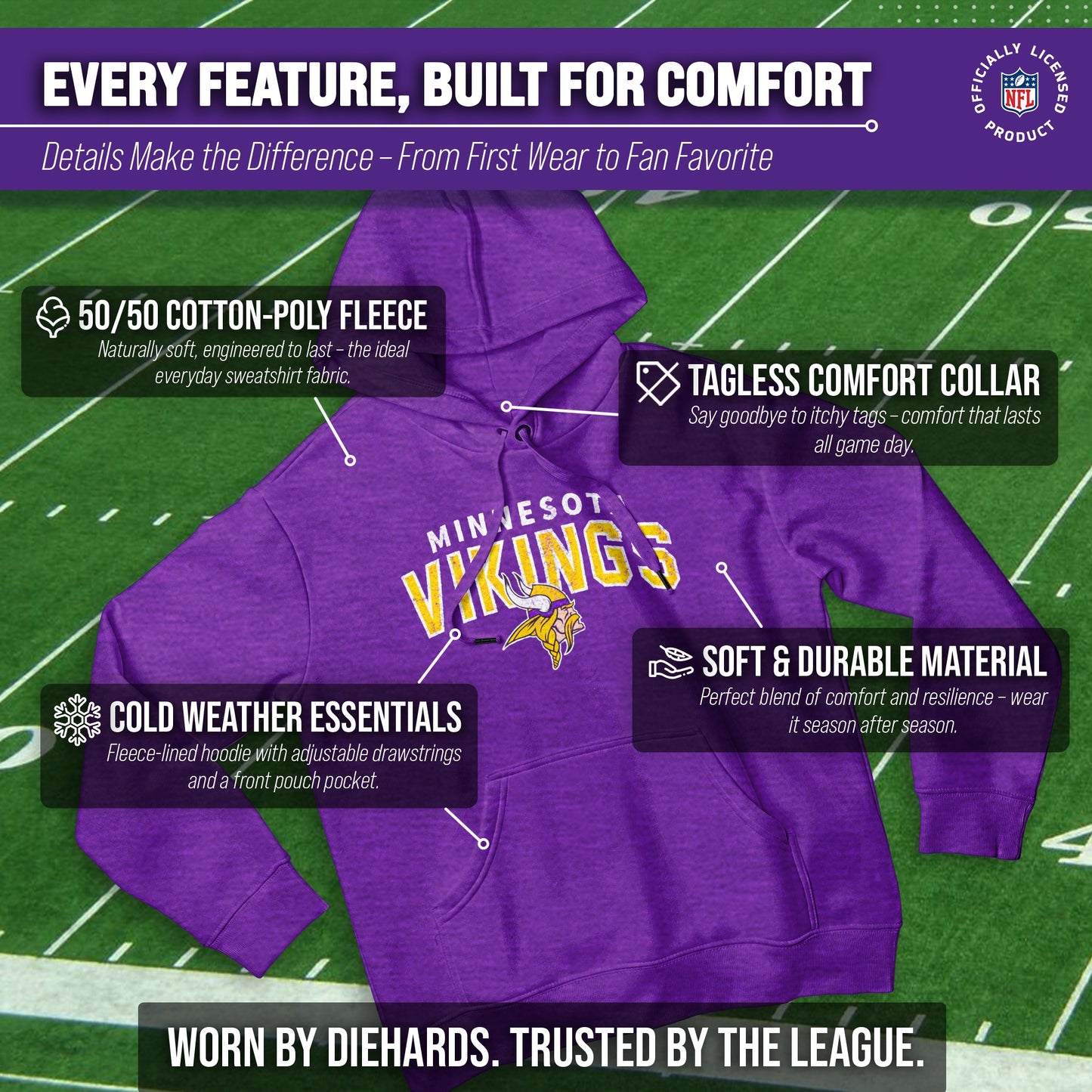 Minnesota Vikings NFL Adult Unisex Starting Fresh Ultra Soft Fleece Hooded Sweatshirt - Purple